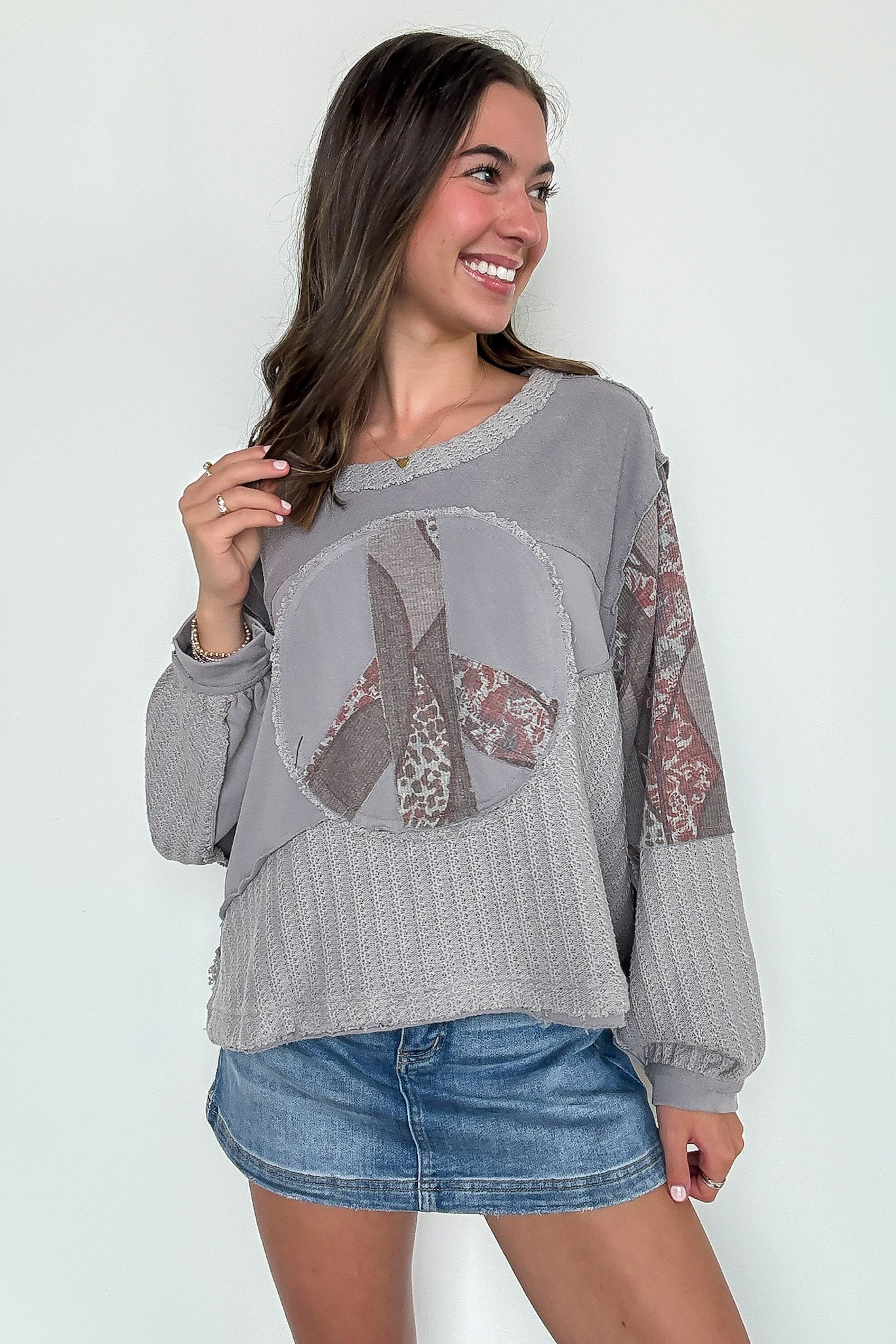 Peace Sign Patchwork Contrast Pullover - FINAL SALE - Madison and Mallory