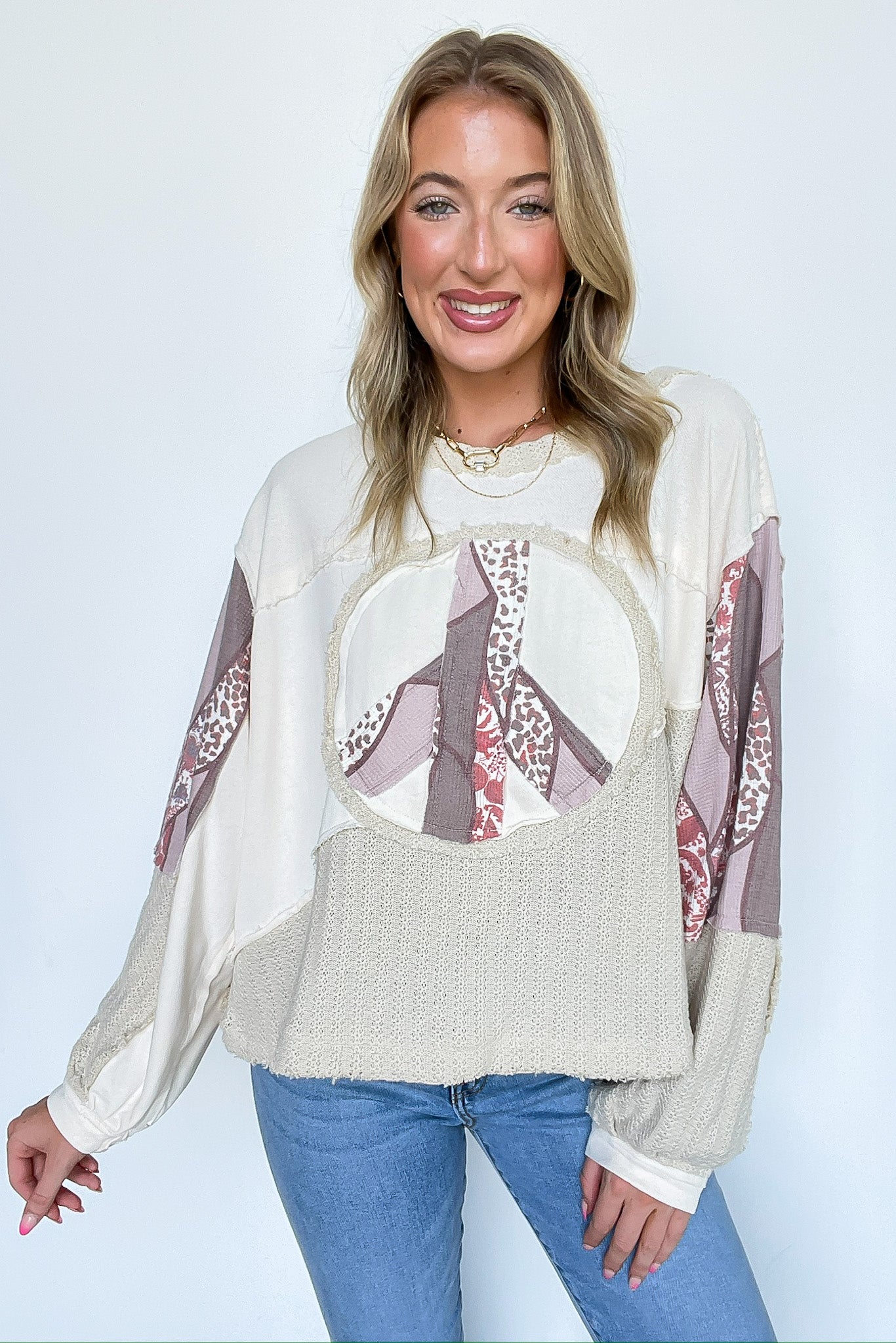 Peace Sign Patchwork Contrast Pullover - Madison and Mallory