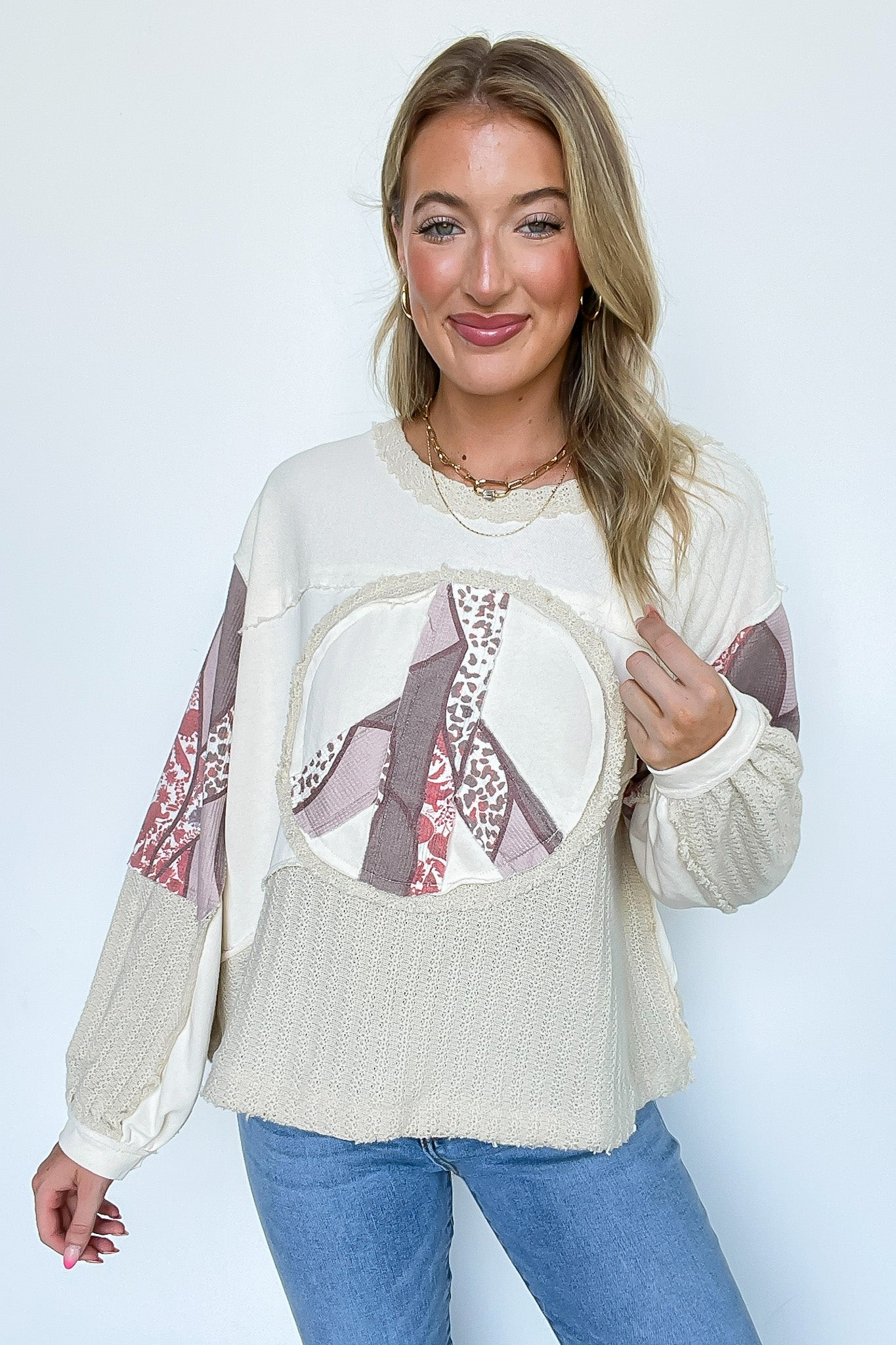 Peace Sign Patchwork Contrast Pullover - Madison and Mallory