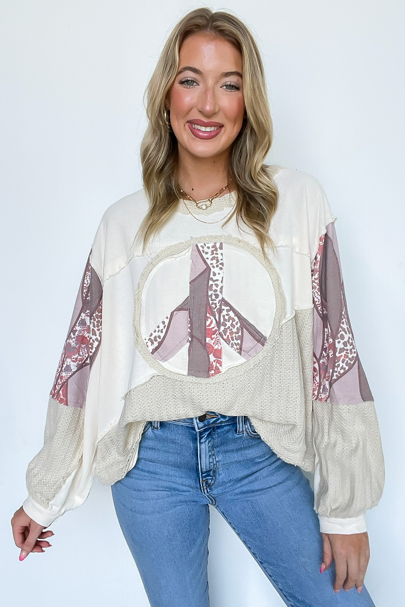 Milk / S Peace Sign Patchwork Contrast Pullover - Madison and Mallory