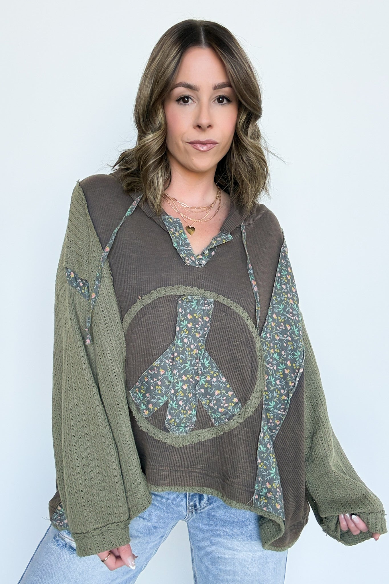  Peace and Love Floral Patch Hooded Pullover - Madison and Mallory