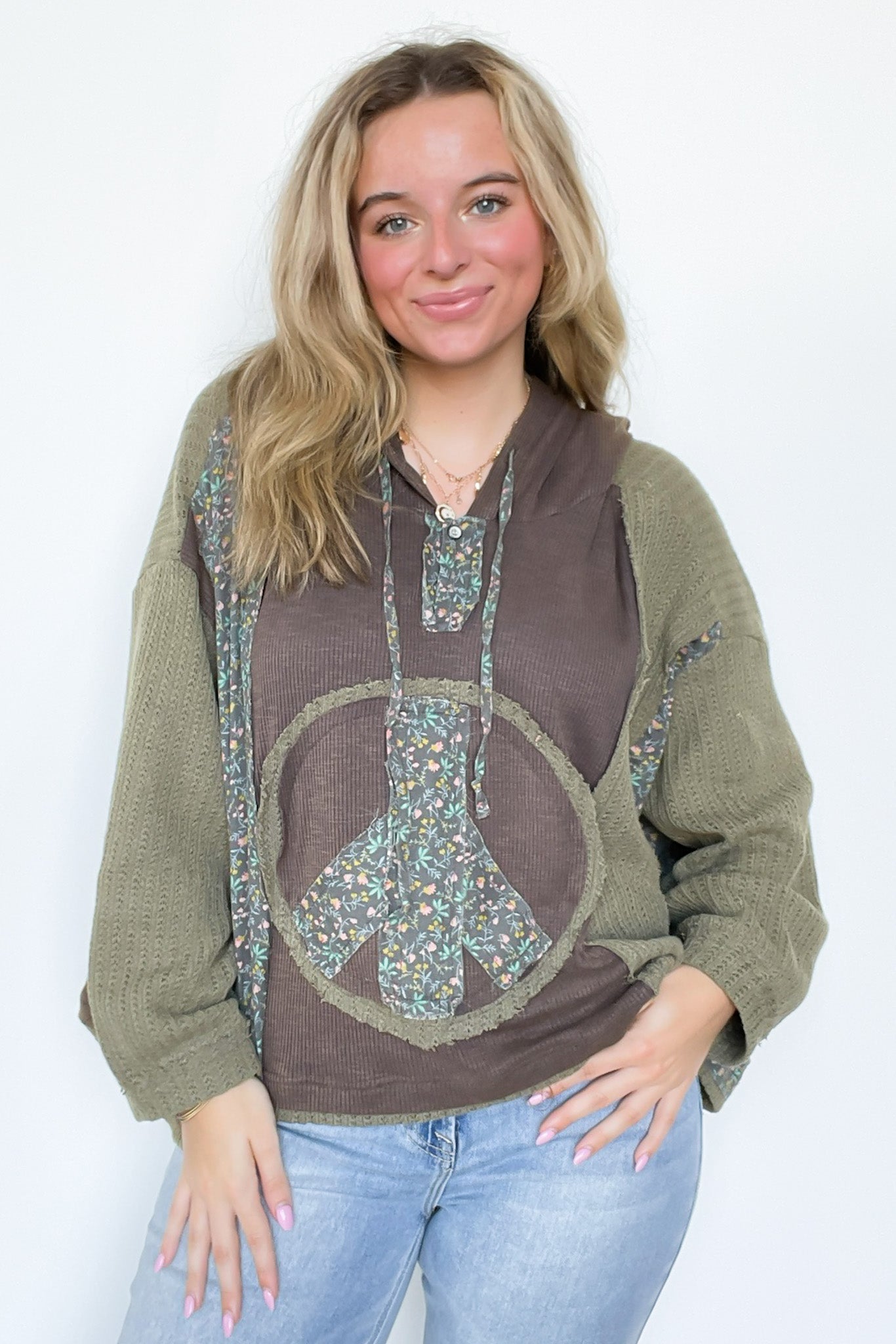  Peace and Love Floral Patch Hooded Pullover - Madison and Mallory