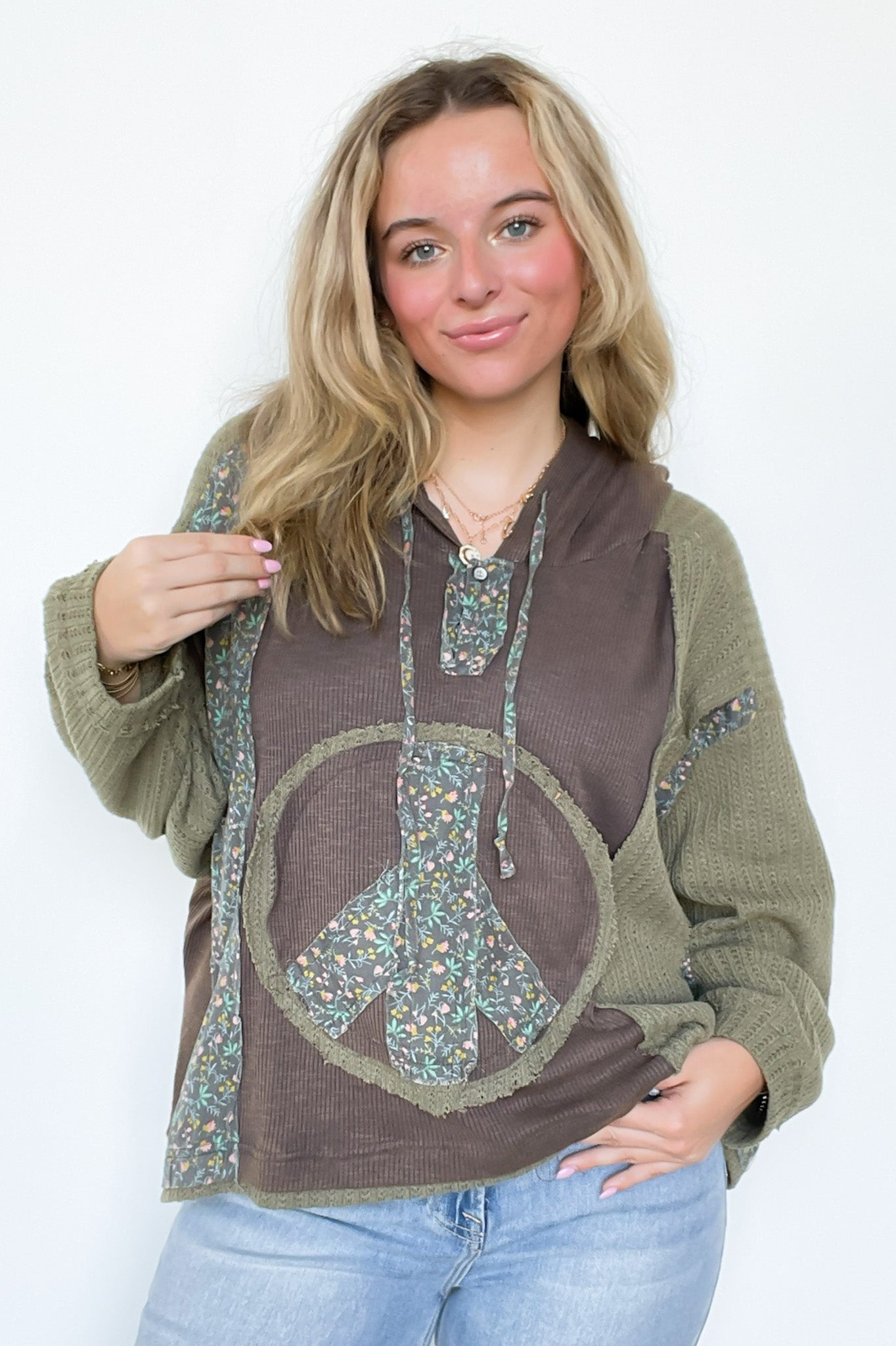  Peace and Love Floral Patch Hooded Pullover - Madison and Mallory