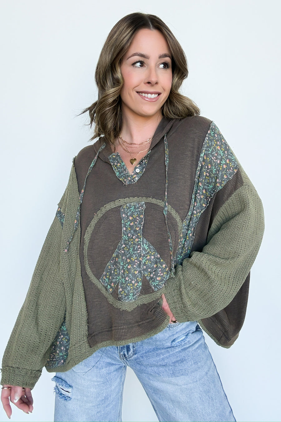 Charcoal / S Peace and Love Floral Patch Hooded Pullover - Madison and Mallory