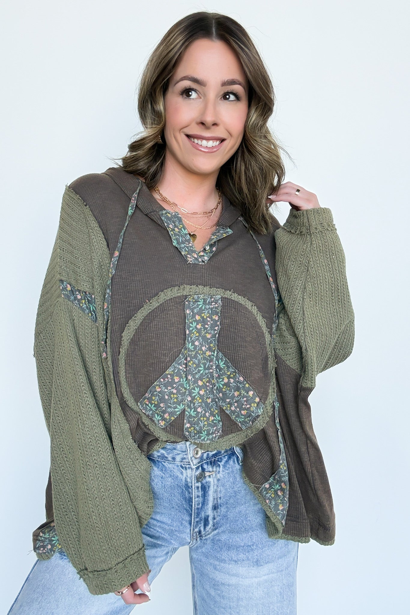  Peace and Love Floral Patch Hooded Pullover - Madison and Mallory