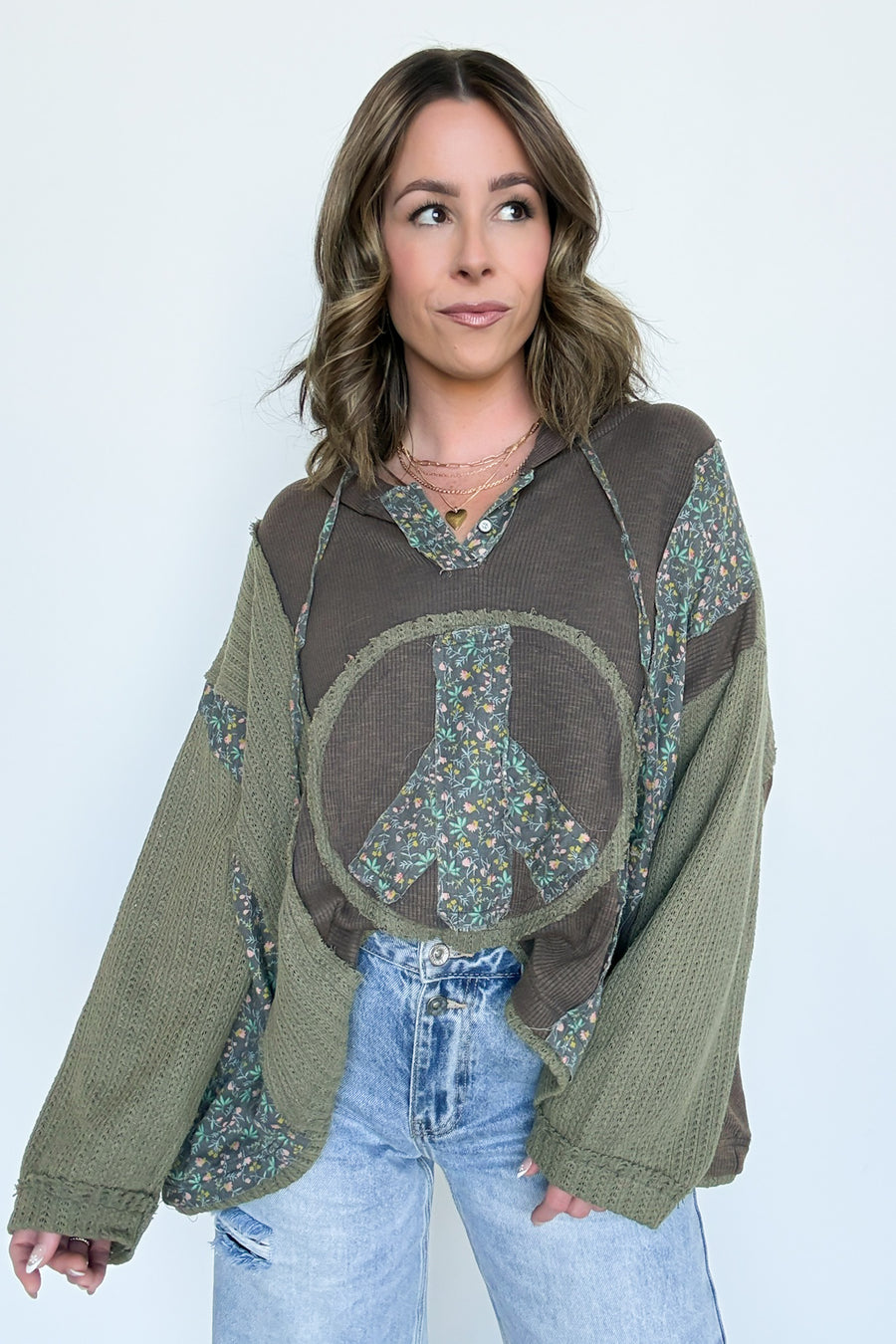  Peace and Love Floral Patch Hooded Pullover - Madison and Mallory