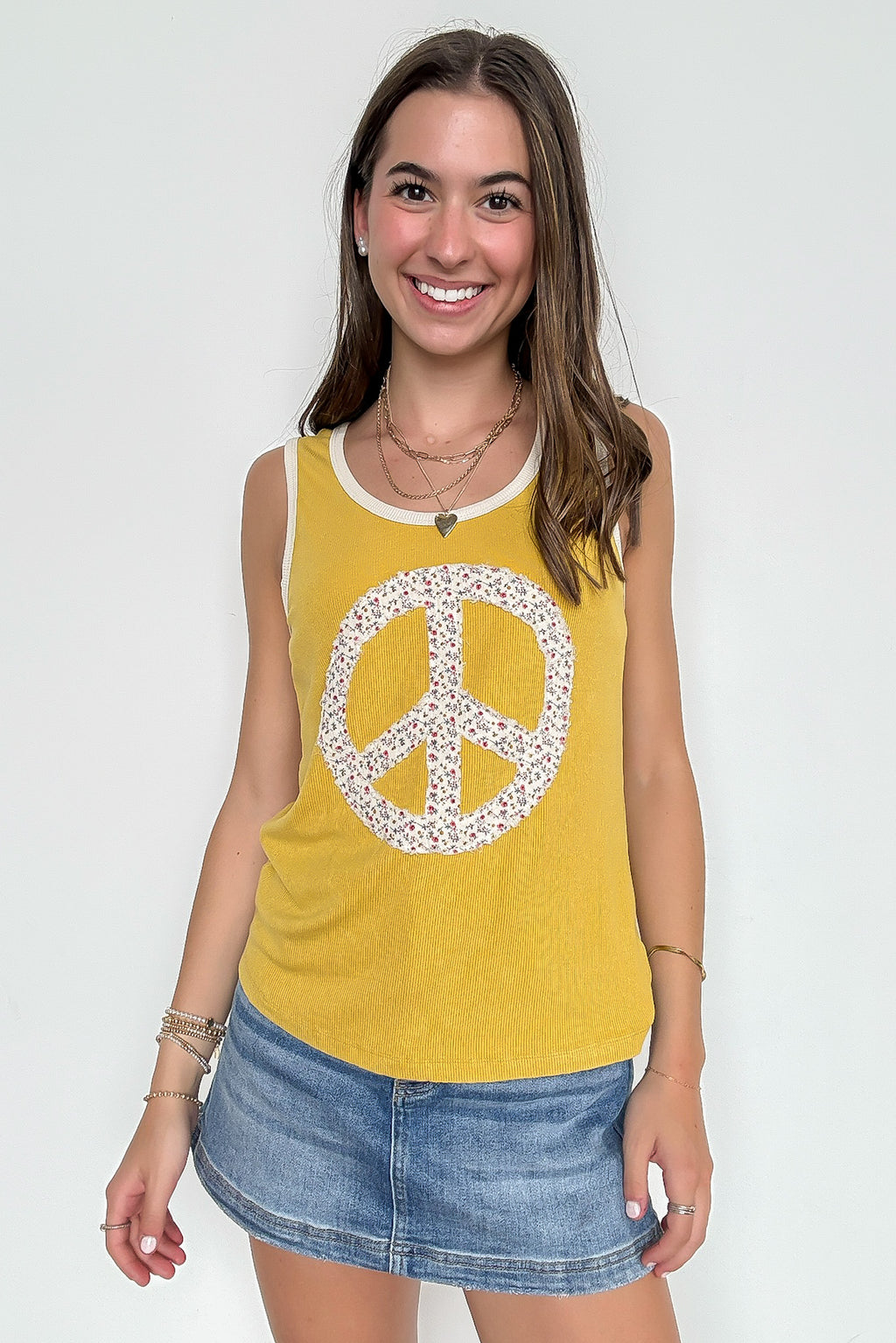 Mustard / S Peace and Love Floral Patchwork Tank Top - Madison and Mallory