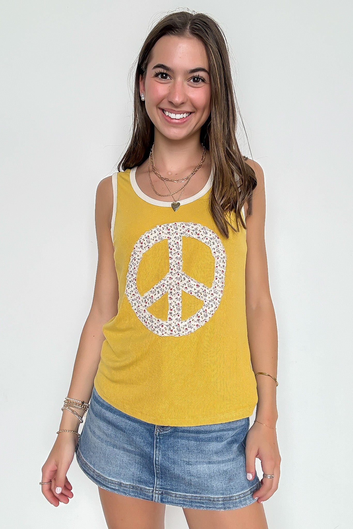 Mustard / S Peace and Love Floral Patchwork Tank Top - Madison and Mallory