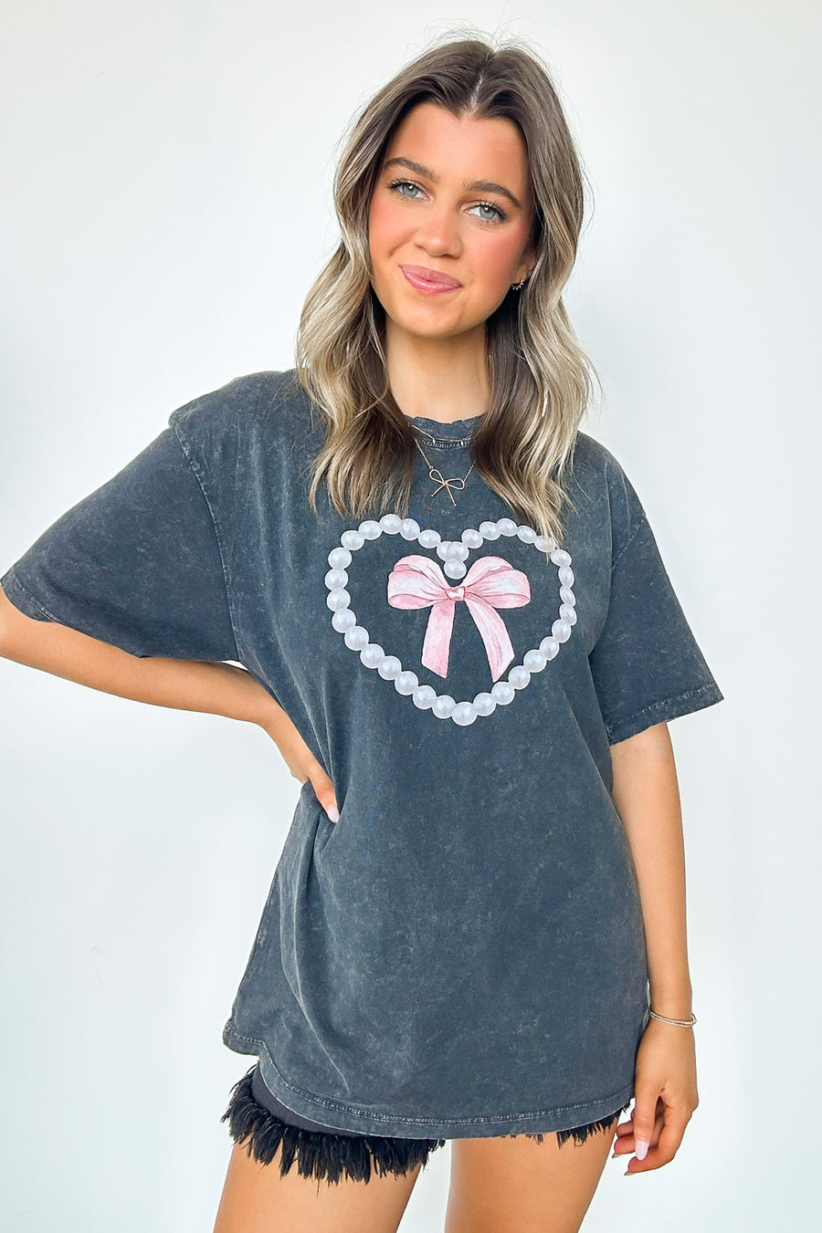 S / Charcoal Pearls and Bows Vintage Graphic Tee - Madison and Mallory