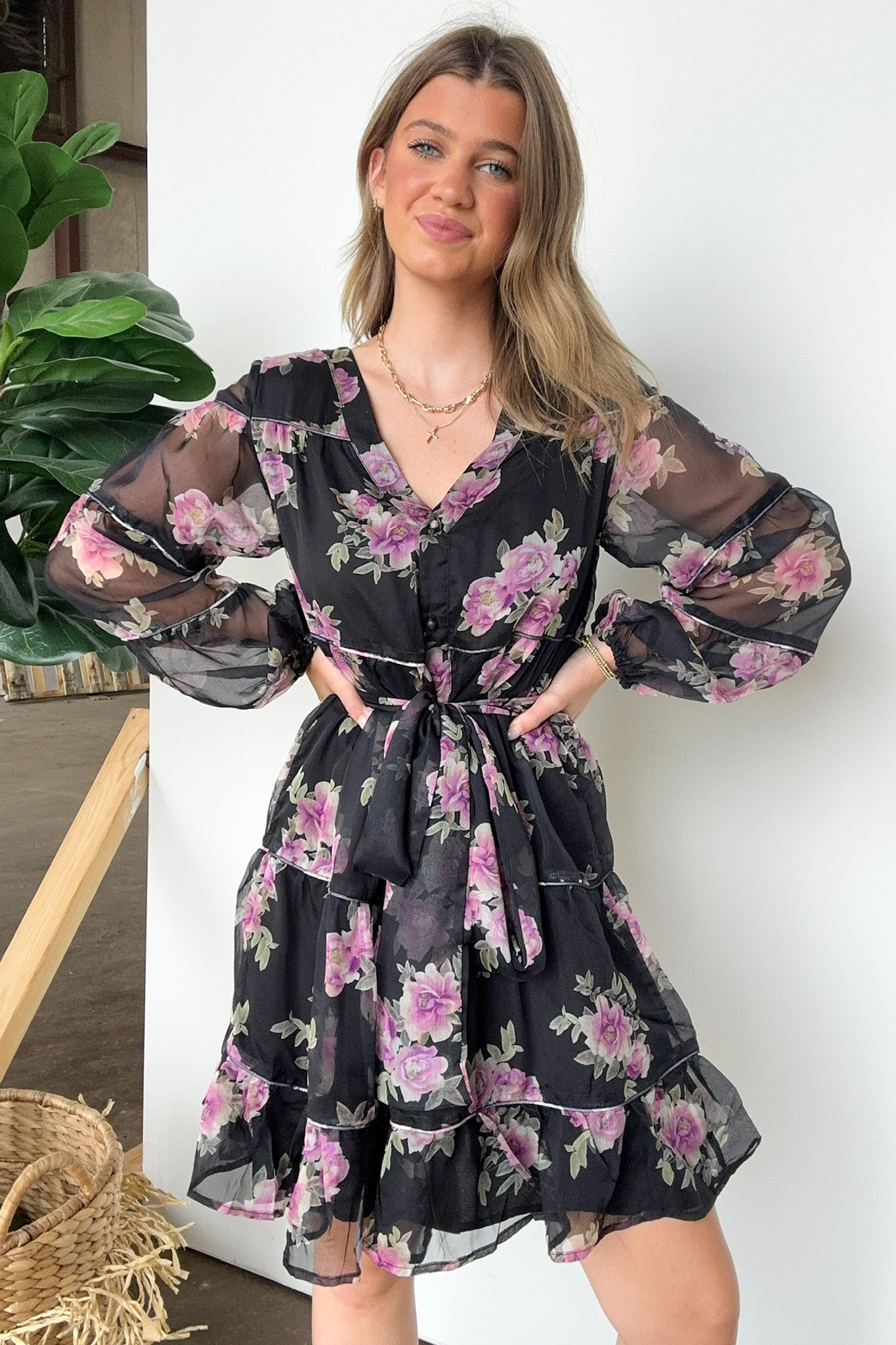 Black / S Perfect Concept Long Sleeve Floral Button Up Dress - Madison and Mallory