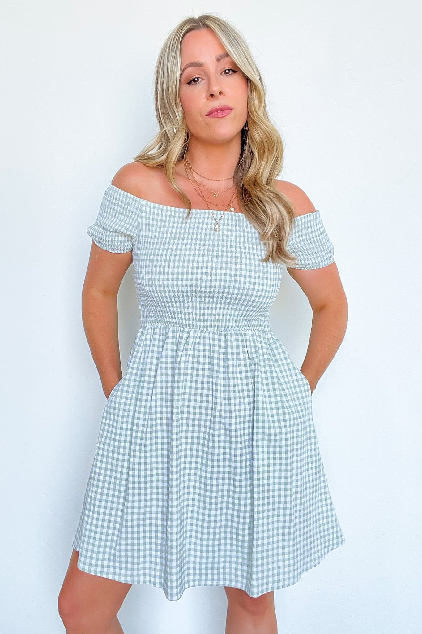 Sage / S Perfect Day Off Shoulder Gingham Dress - FINAL SALE - Madison and Mallory