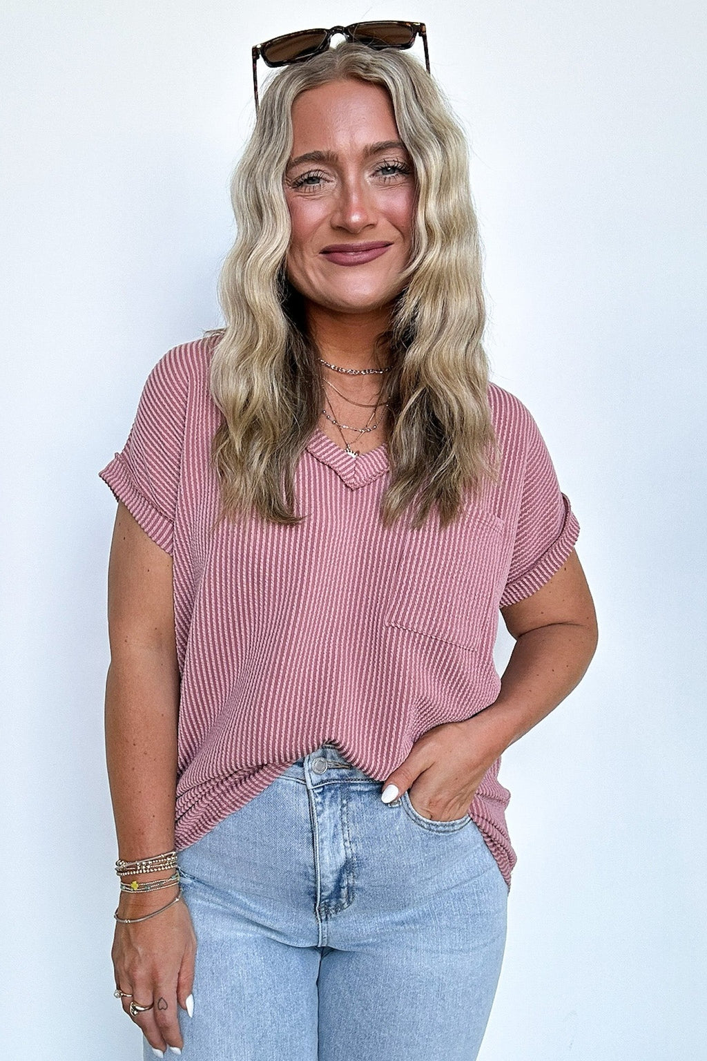 Mauve / S Perfect Essential V-Neck Dolman Pocket Top - Madison and Mallory