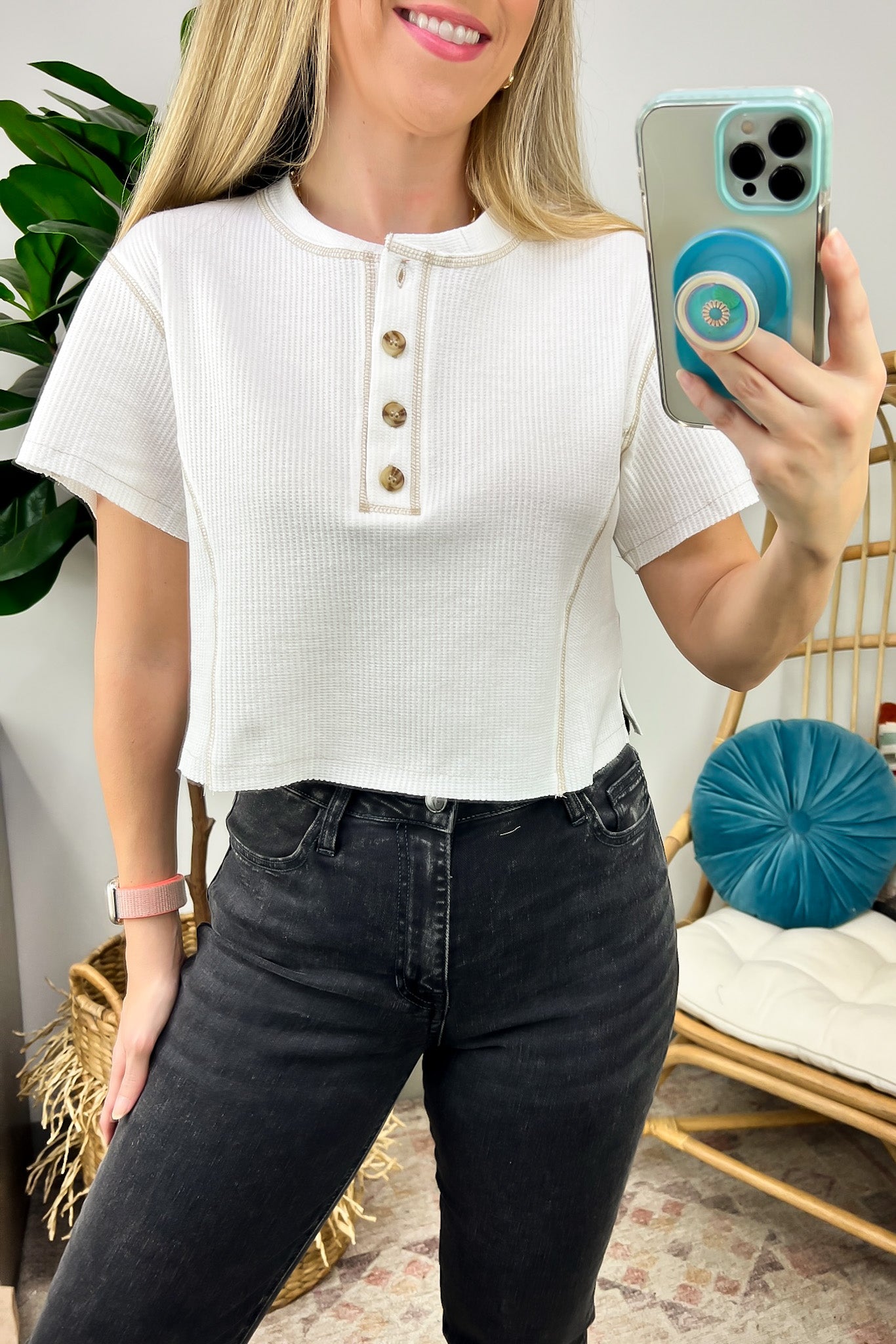  Perfect Essential Waffle Knit Relaxed Henley Top - Madison and Mallory