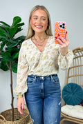 Oatmeal / S Perfectly Abloom Floral V-Neck Surplice Bodysuit - FINAL SALE - Madison and Mallory