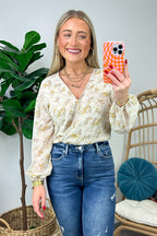 Oatmeal / S Perfectly Abloom Floral V-Neck Surplice Bodysuit - FINAL SALE - Madison and Mallory