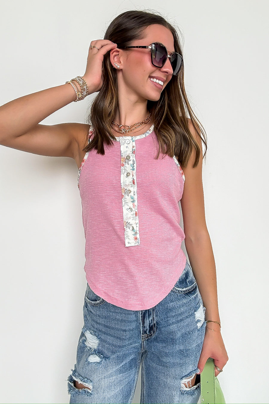Petal Edge Floral Contrast Tank Top - Madison and Mallory