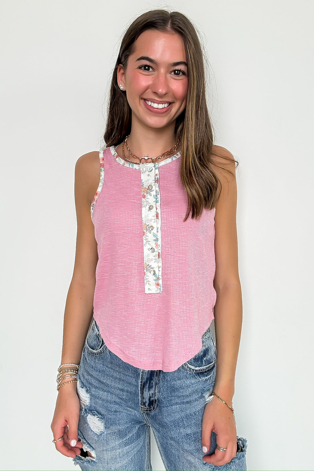 Soft Pink / S Petal Edge Floral Contrast Tank Top - FINAL SALE - Madison and Mallory