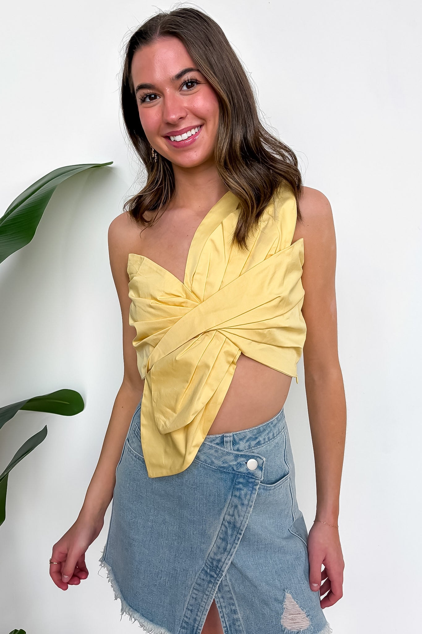 S / Butter Yellow Petal Twist One-Shoulder Knotted Flower Bow Top - Madison and Mallory