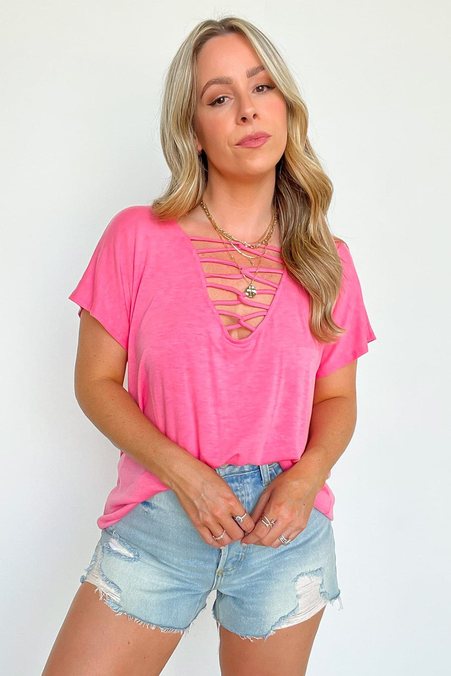 Hot Pink / S Philippe Cutout V-Neck Short Sleeve Top - FINAL SALE - Madison and Mallory