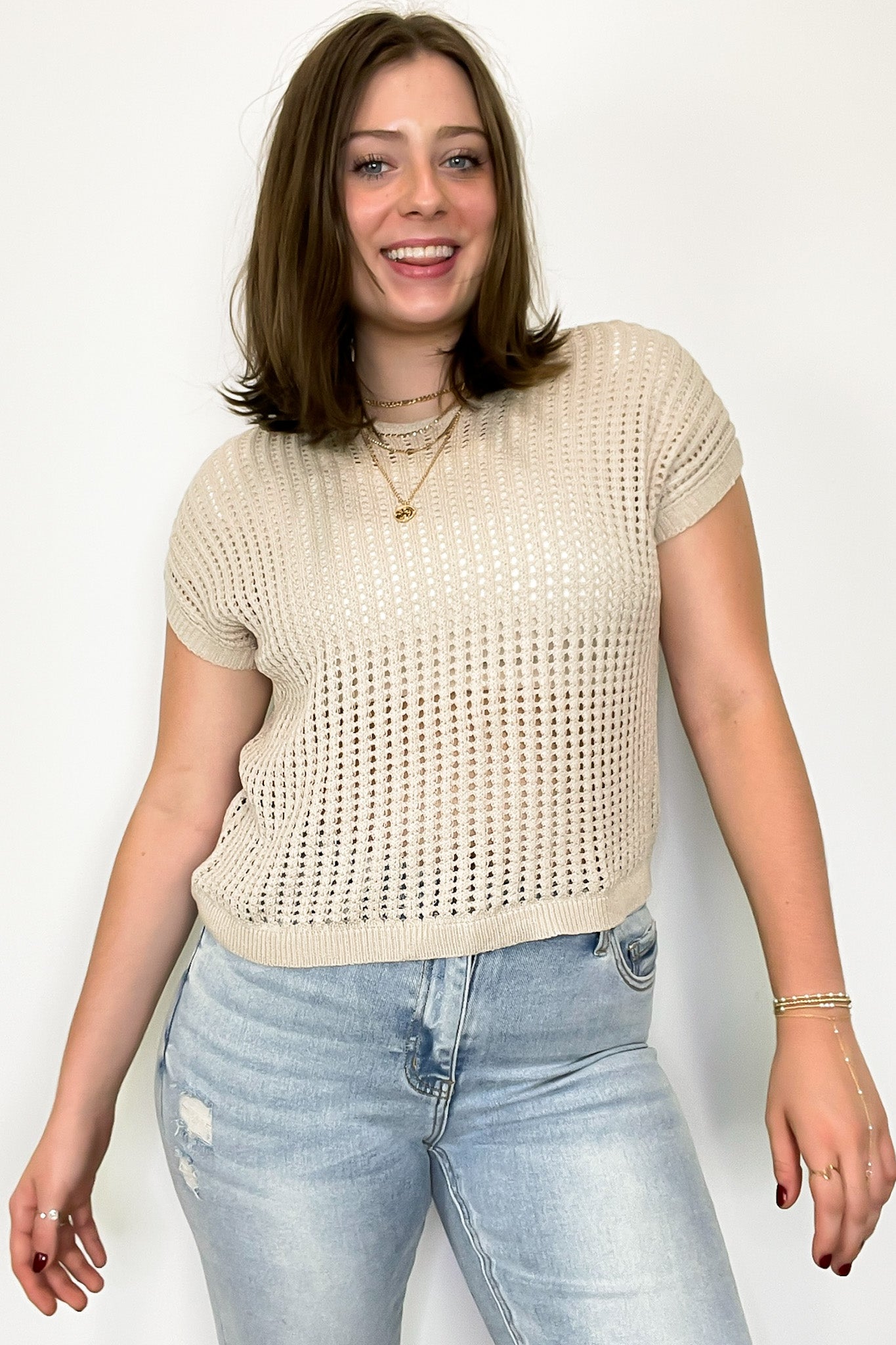 Sand Beige / S Phoebe Viscose Crochet Knit Top - Madison and Mallory