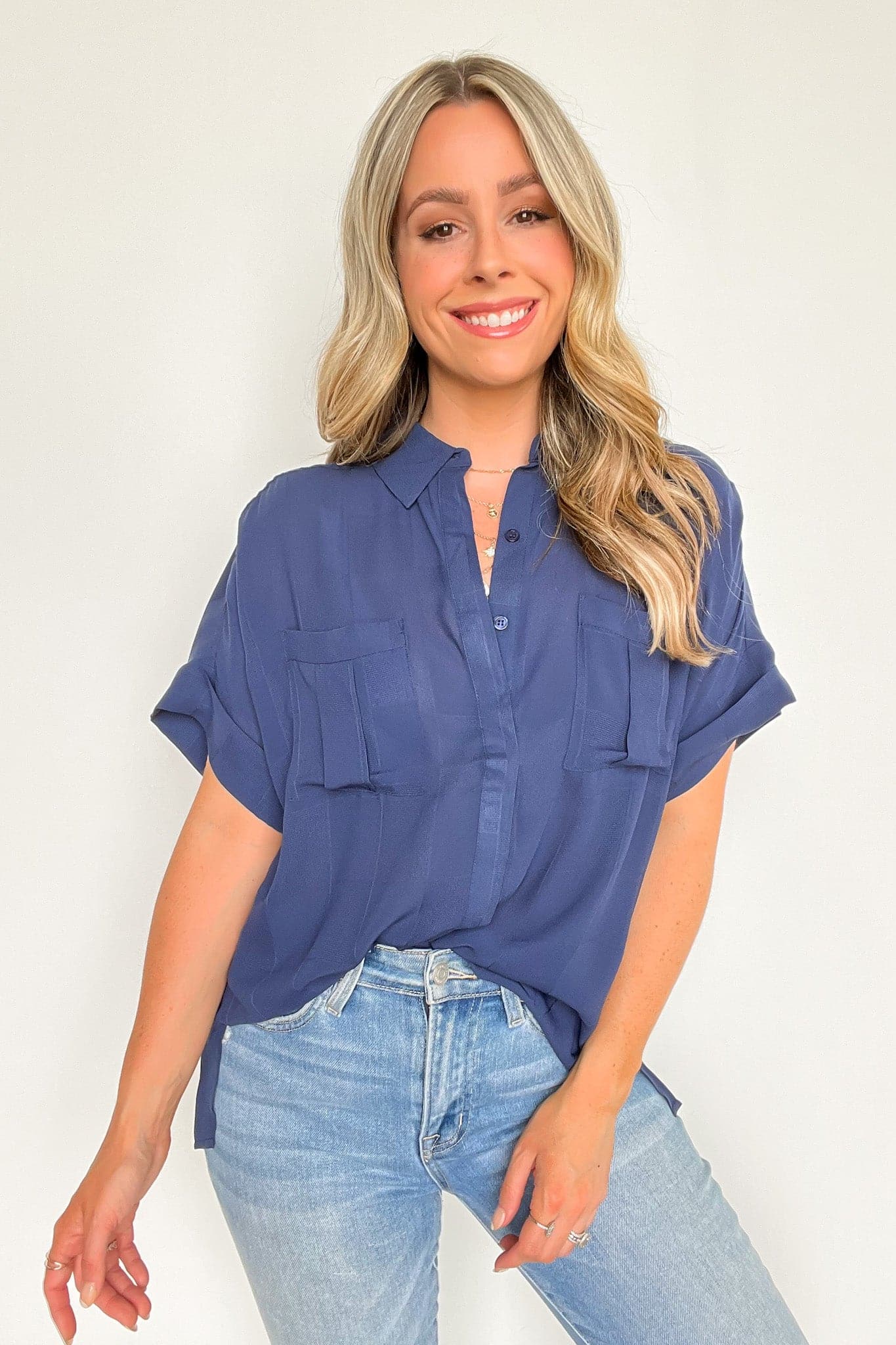 Navy / S Pierson Short Sleeve Button Down Pocket Top - FINAL SALE - Madison and Mallory