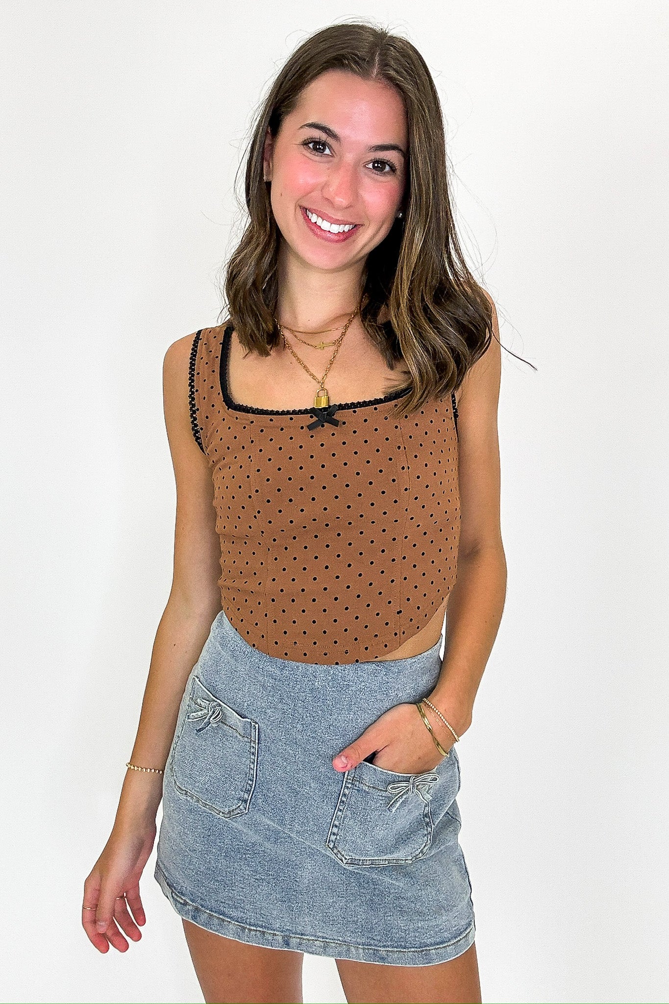 Pinup Dots Contrast Trim Bow Corset Top - Madison and Mallory