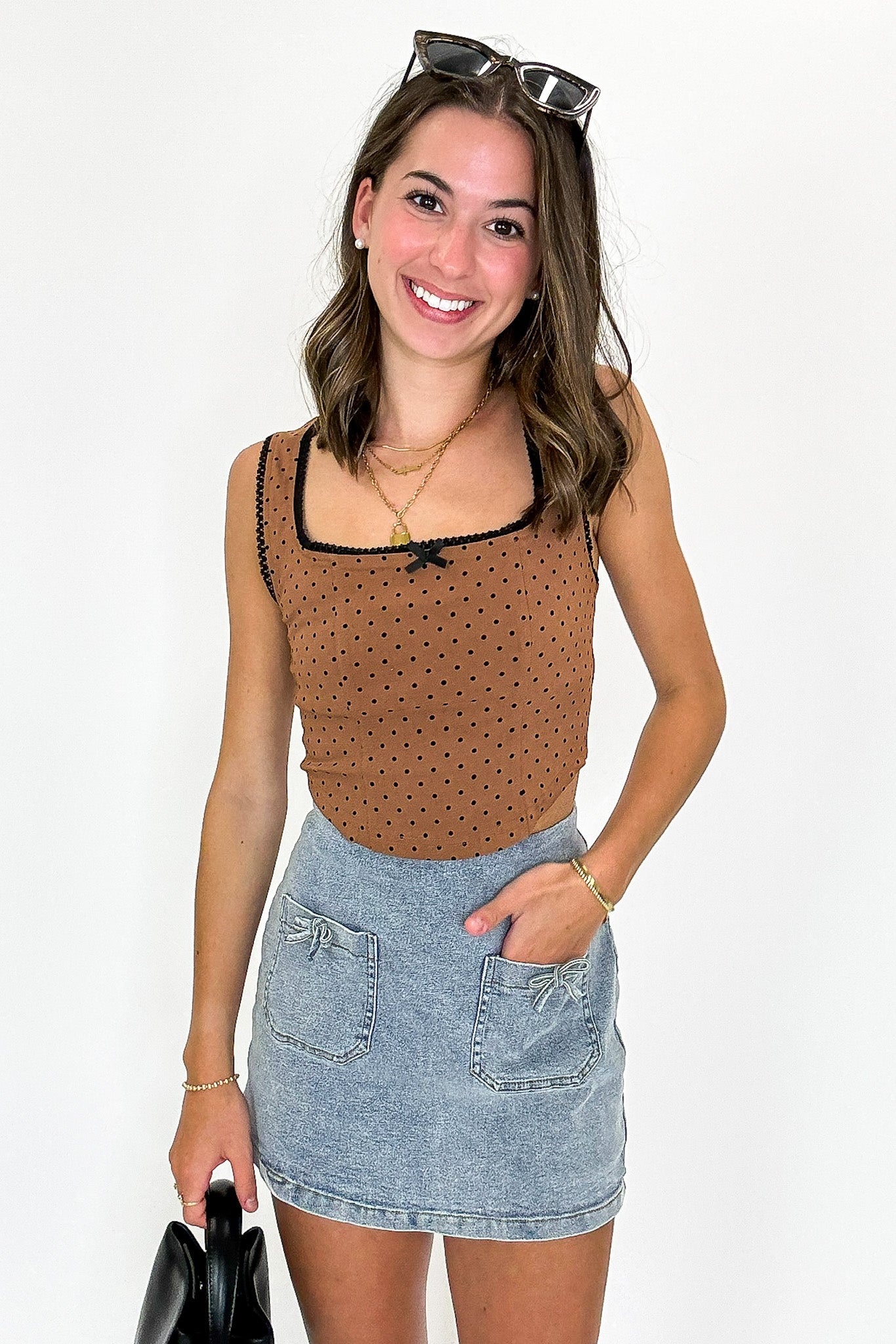 Brown / S Pinup Dots Contrast Trim Bow Corset Top - Madison and Mallory