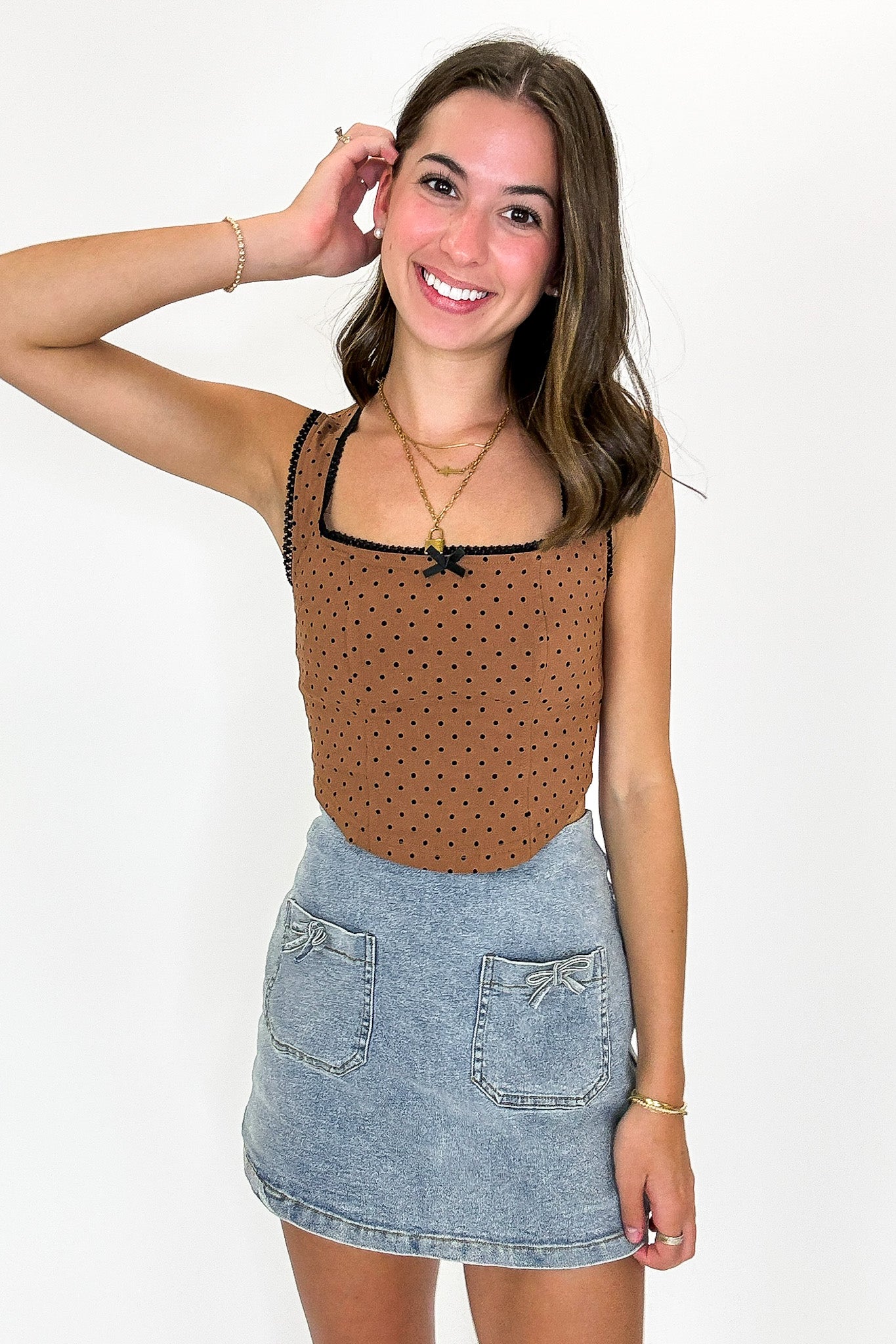 Pinup Dots Contrast Trim Bow Corset Top - Madison and Mallory