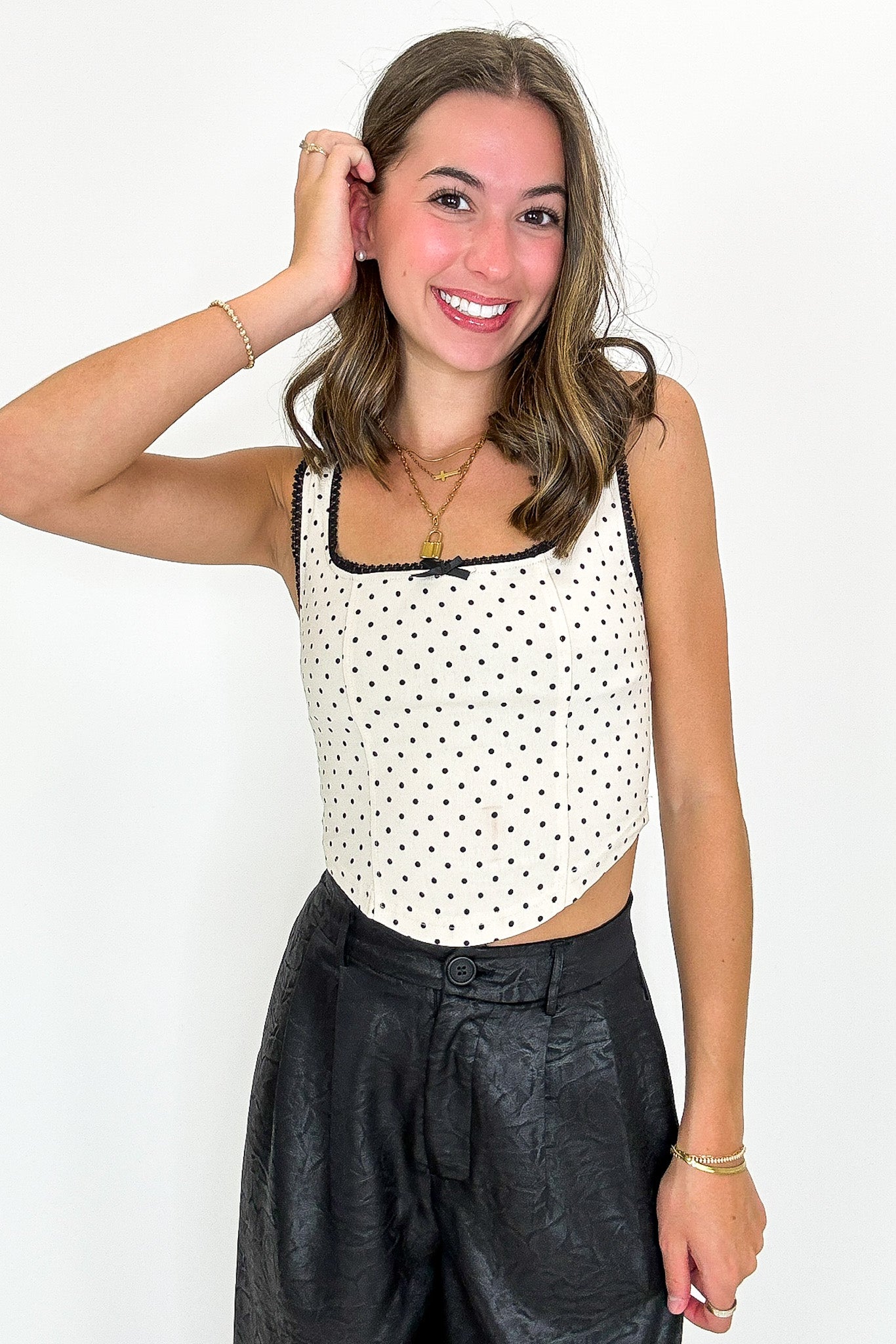 Pinup Dots Contrast Trim Bow Corset Top - Madison and Mallory