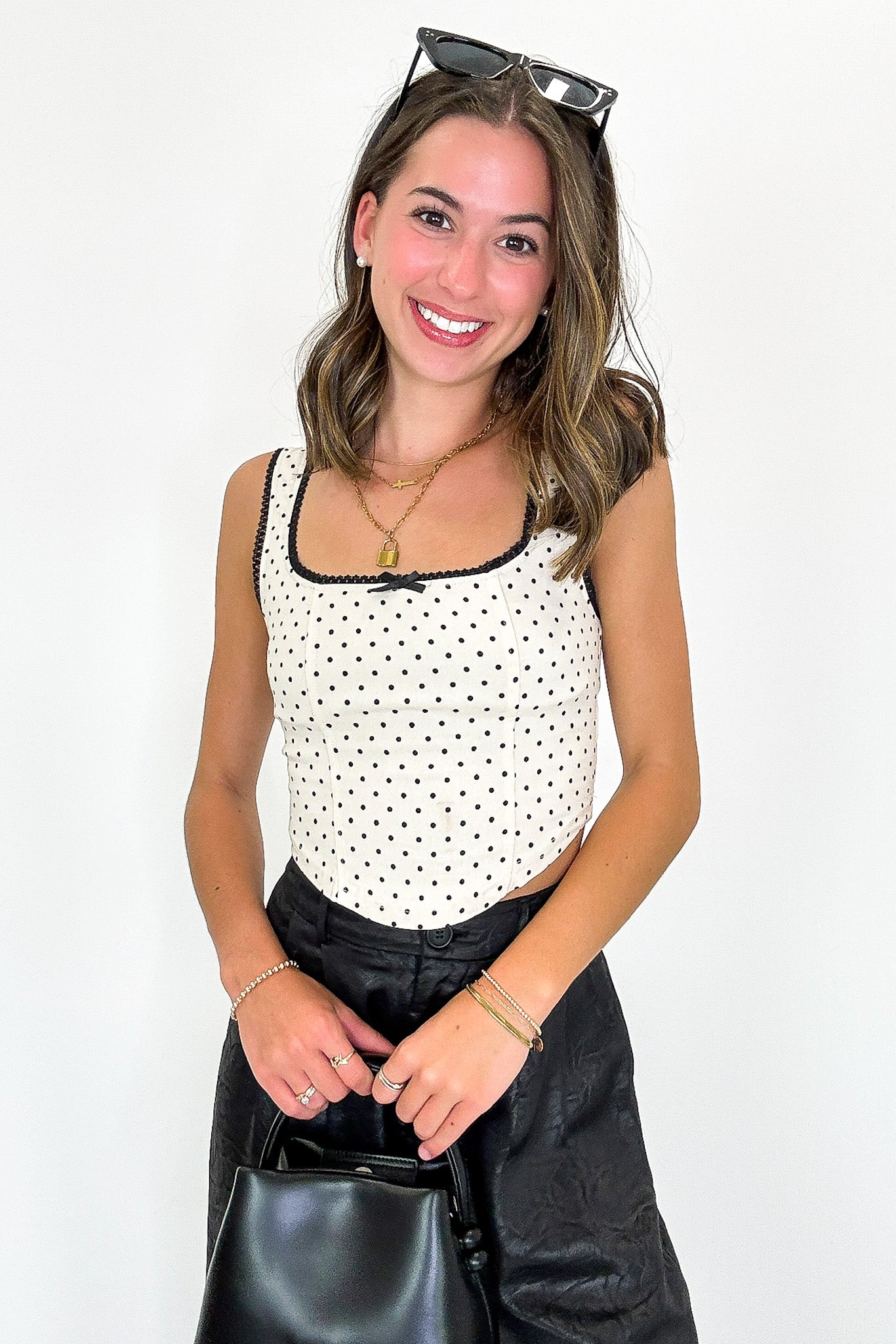 Pinup Dots Contrast Trim Bow Corset Top - Madison and Mallory