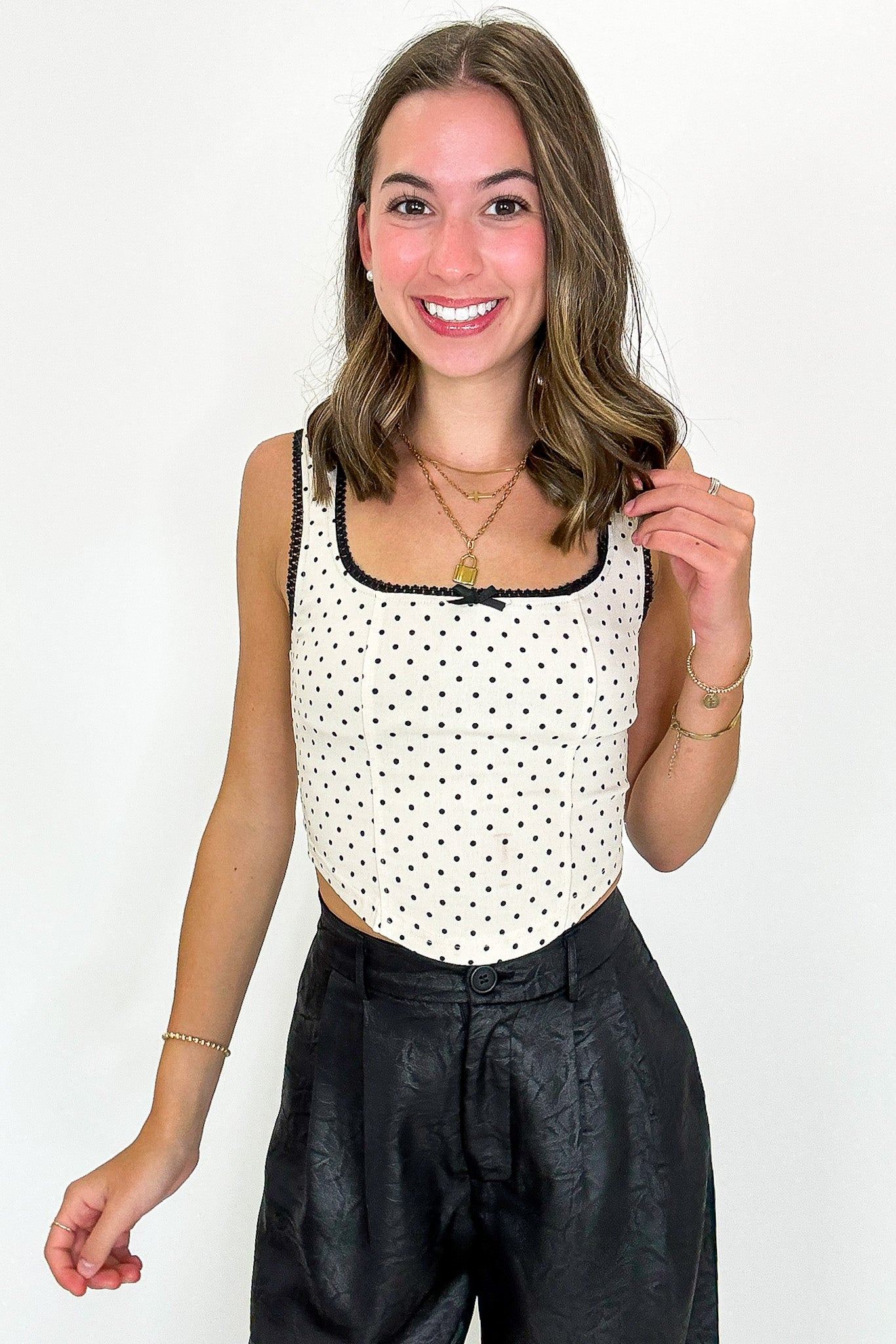 Pinup Dots Contrast Trim Bow Corset Top - Madison and Mallory