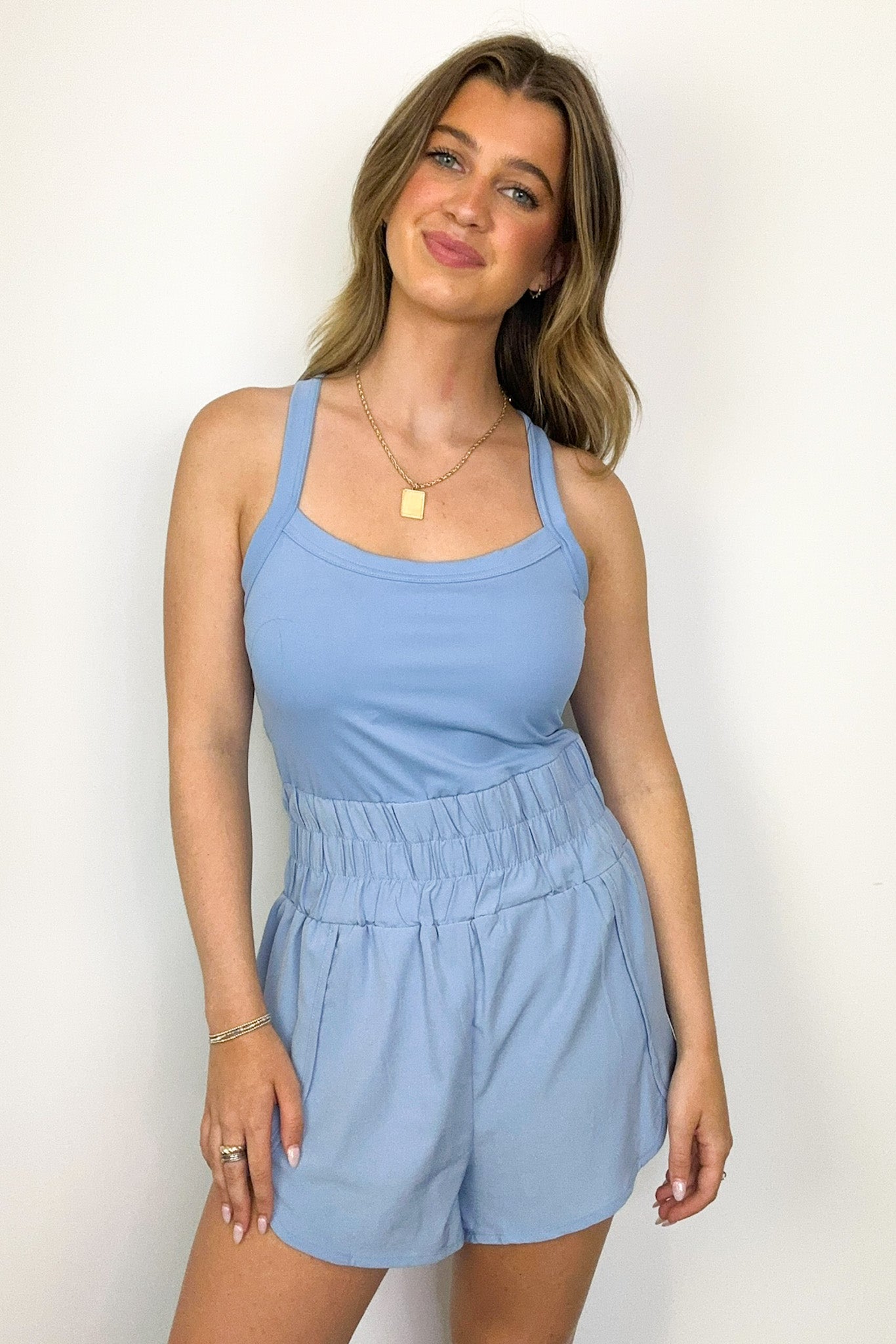 Sky / S Play Harder Smocked Waist Active Romper - FINAL SALE - Madison and Mallory