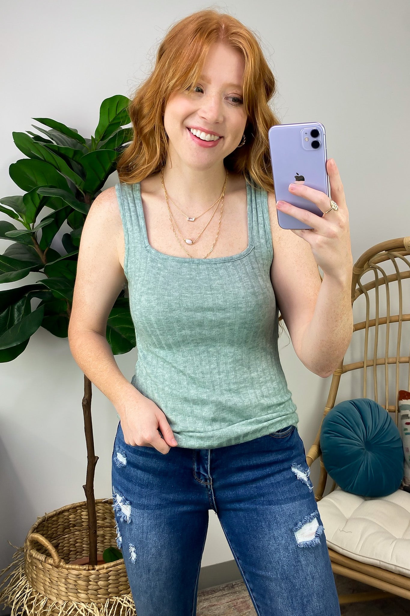 Hunter Green / S Playful Personality Ribbed Square Neck Tank Top - FINAL SALE - Madison and Mallory