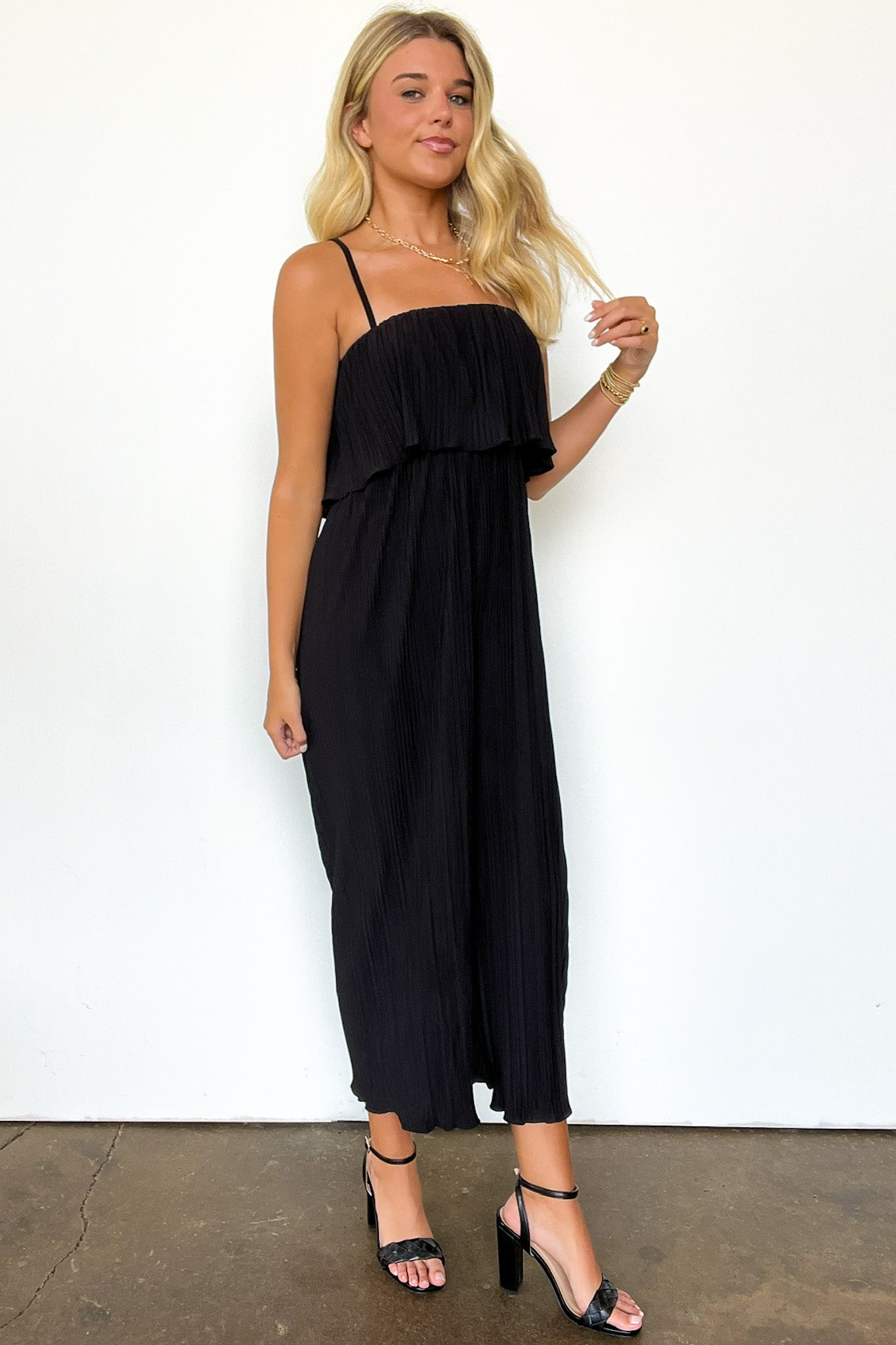  Pleated Wide Leg Flounce Jumpsuit - FINAL SALE - Madison and Mallory