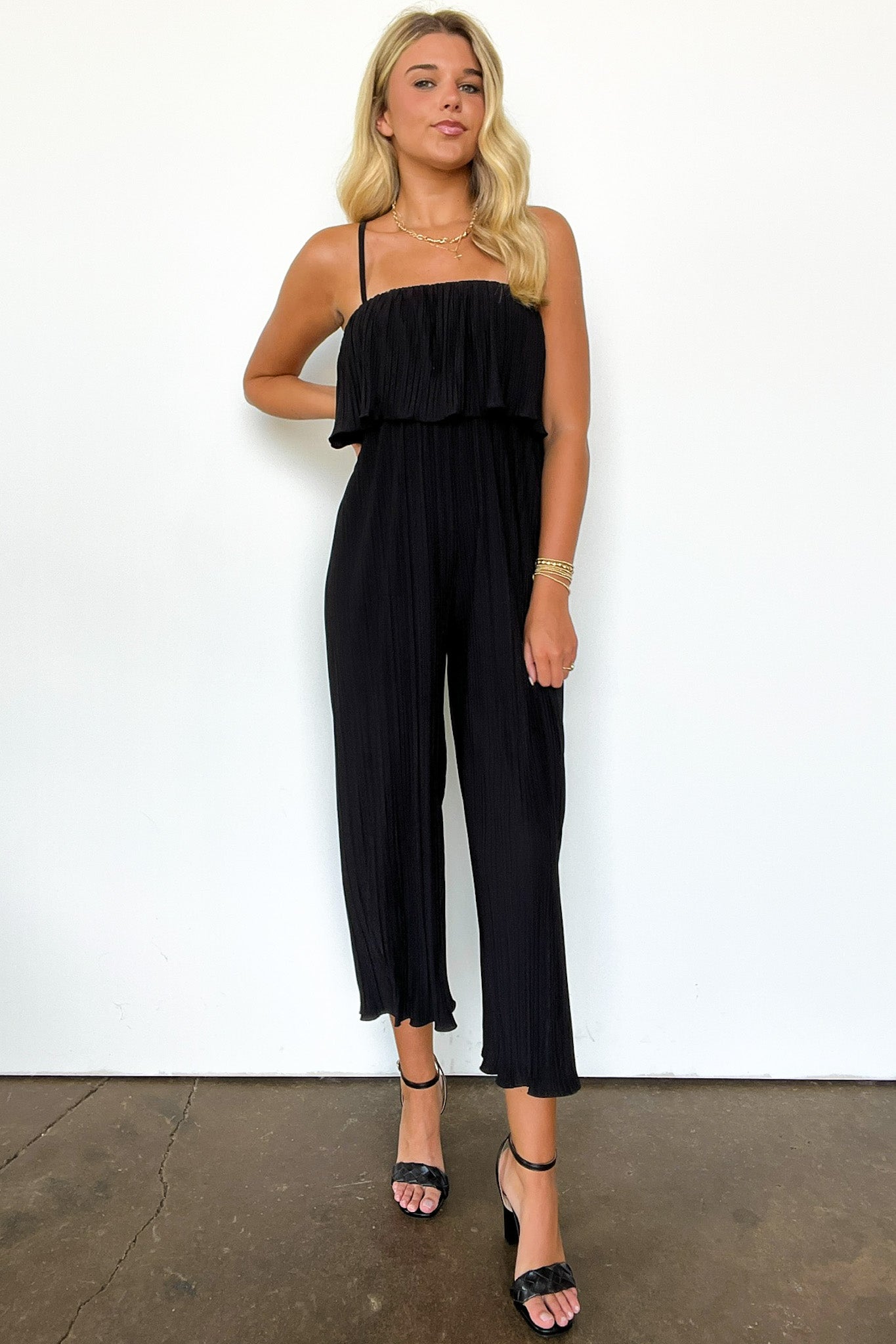  Pleated Wide Leg Flounce Jumpsuit - FINAL SALE - Madison and Mallory