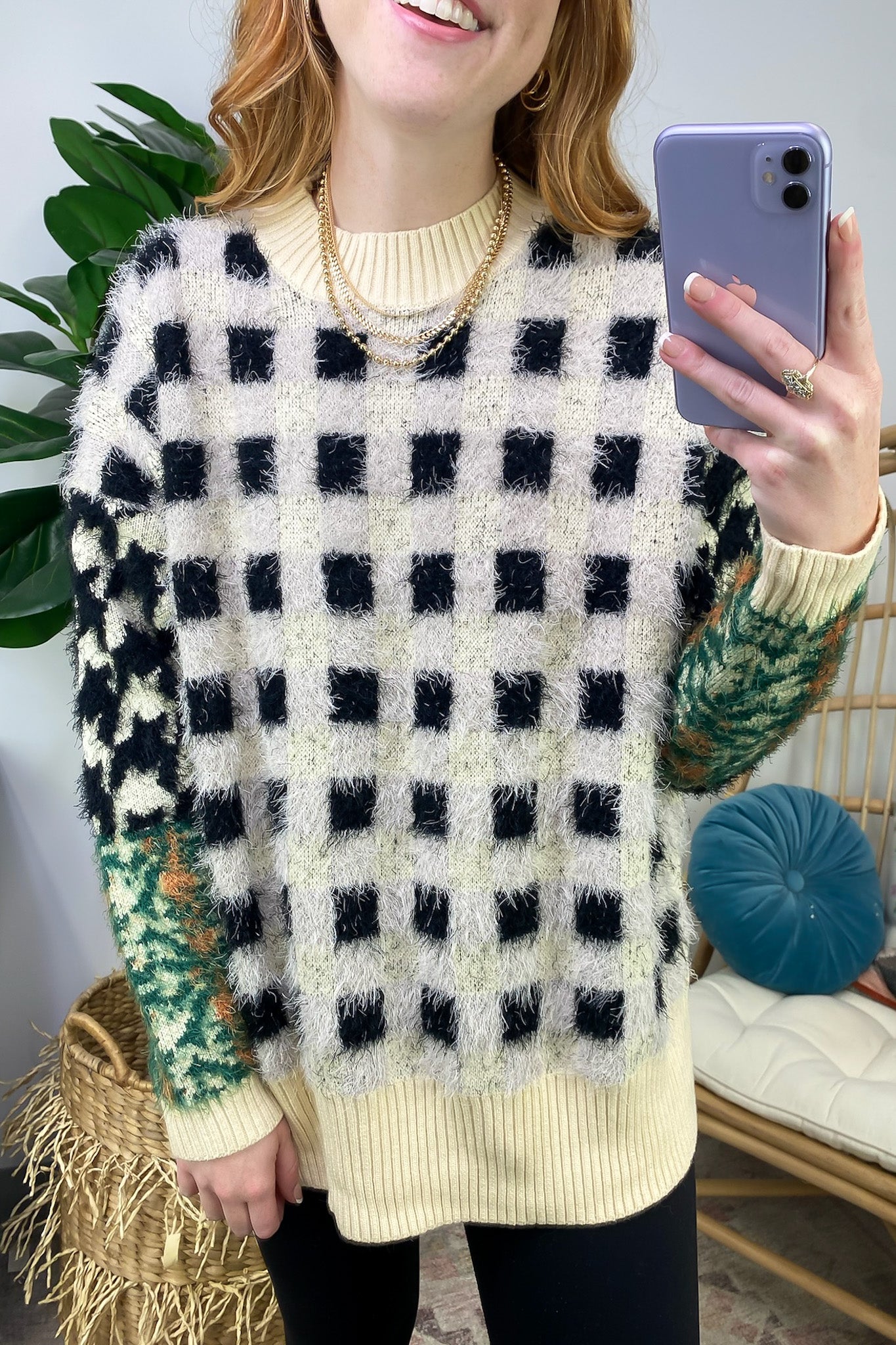 Plush Personality Fuzzy Knit Plaid Sweater