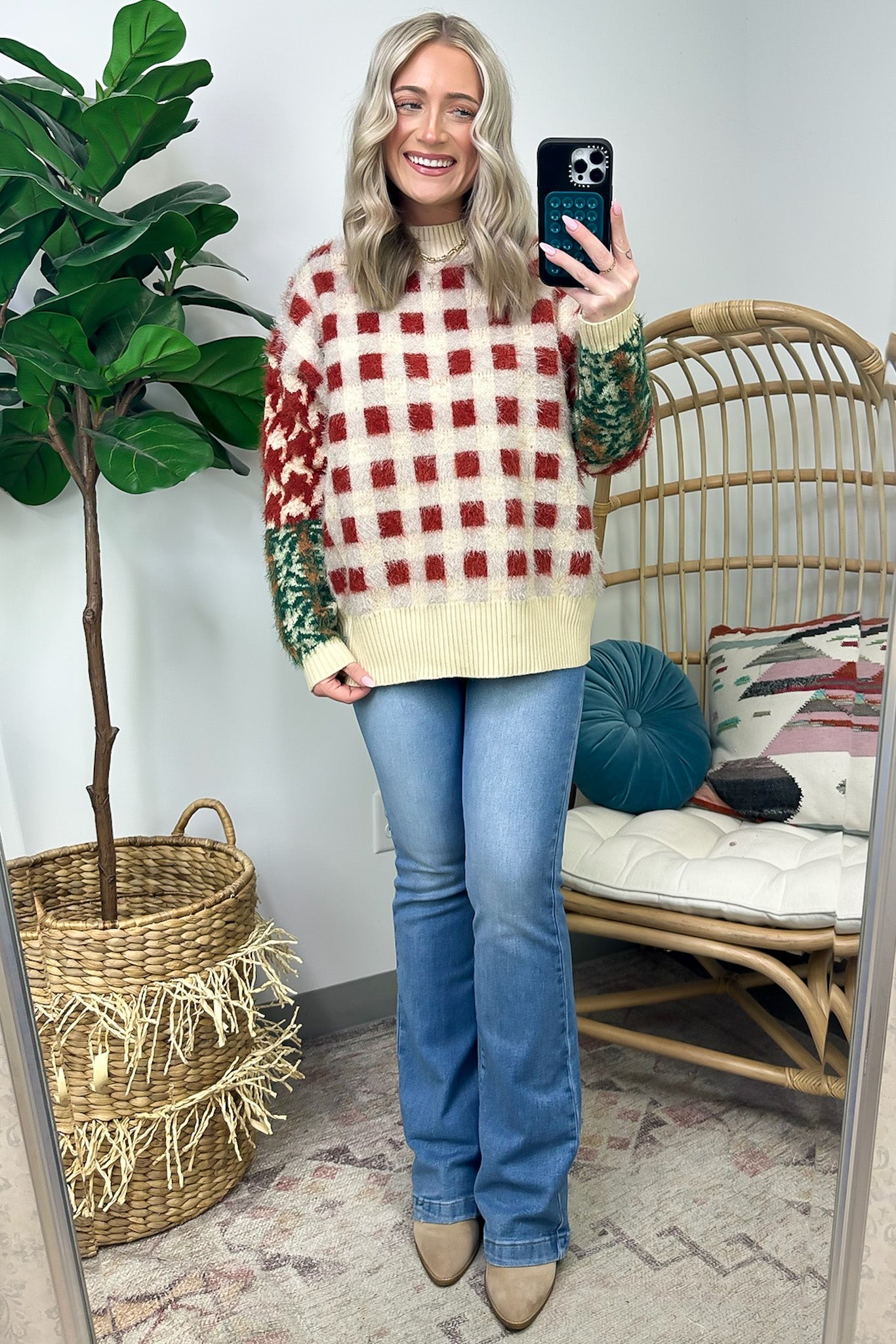 Plush Personality Fuzzy Knit Plaid Sweater