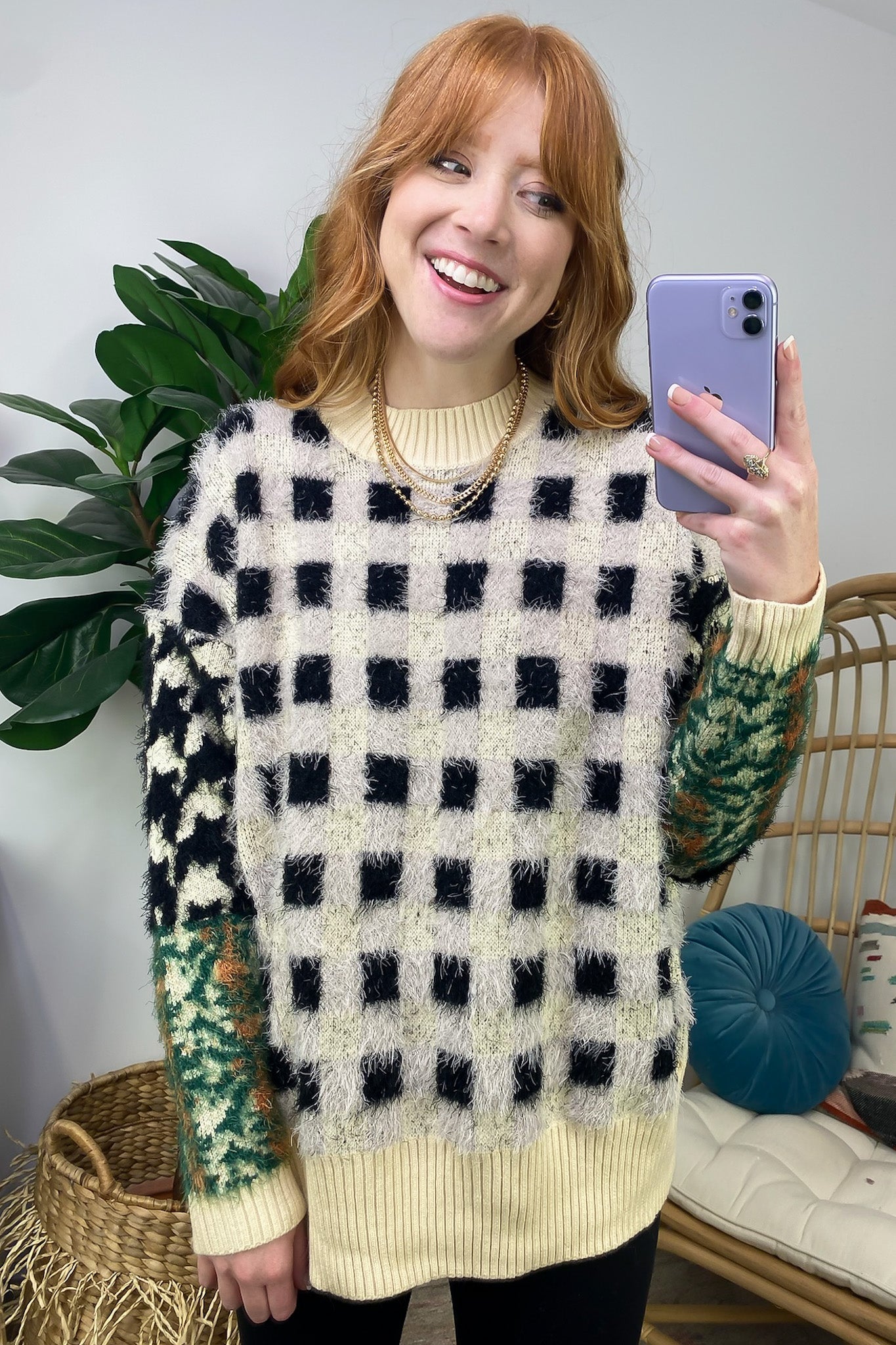 Plush Personality Fuzzy Knit Plaid Sweater