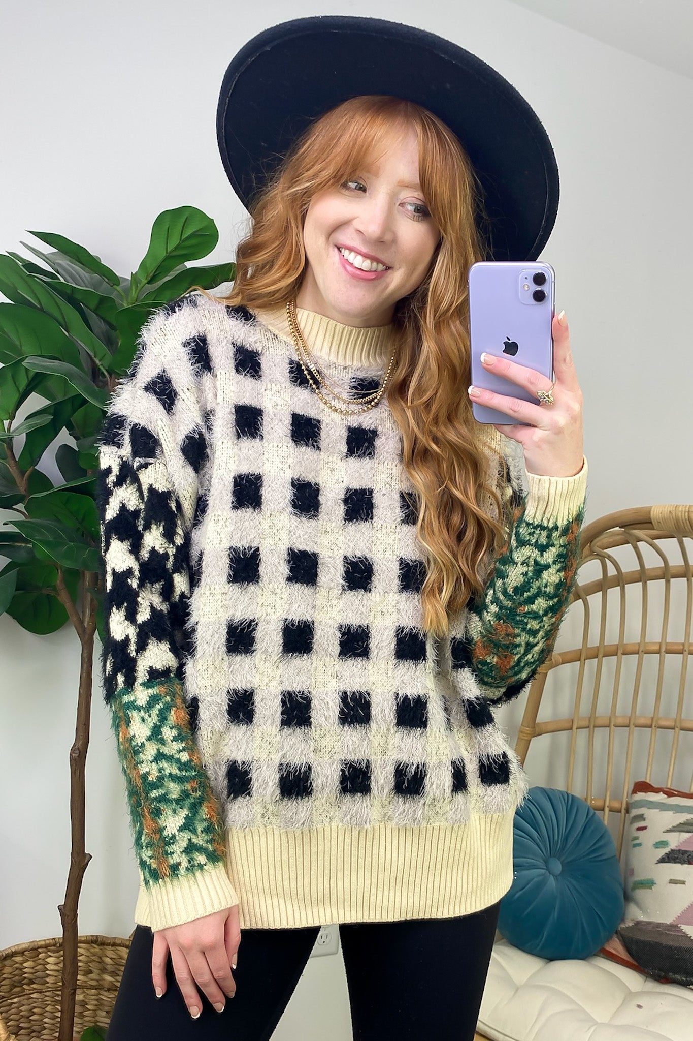 Plush Personality Fuzzy Knit Plaid Sweater