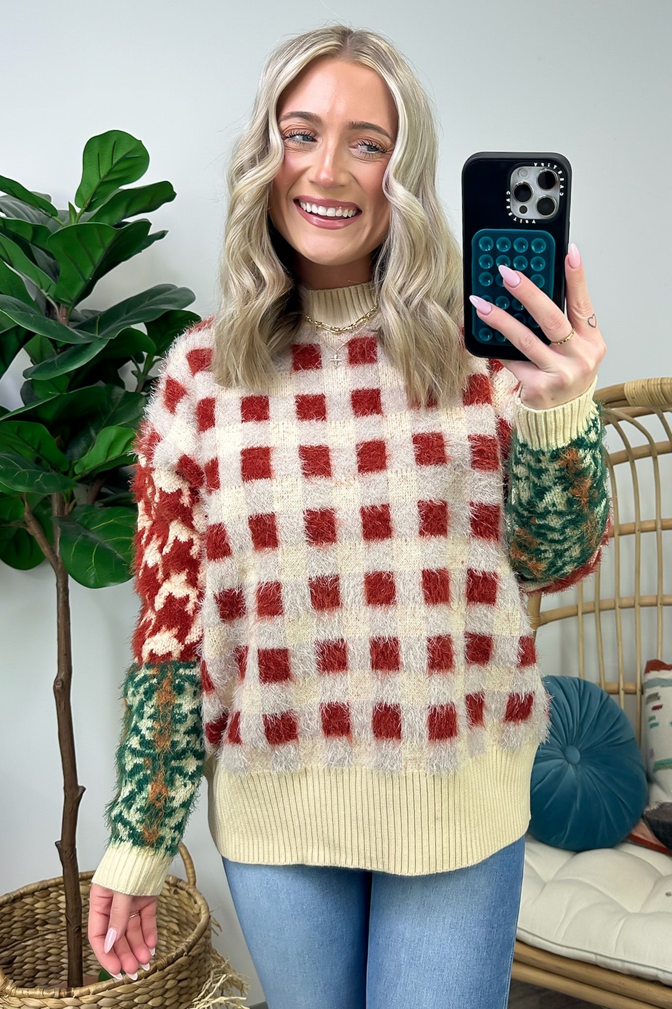  Plush Personality Fuzzy Knit Plaid Sweater - FINAL SALE - Madison and Mallory