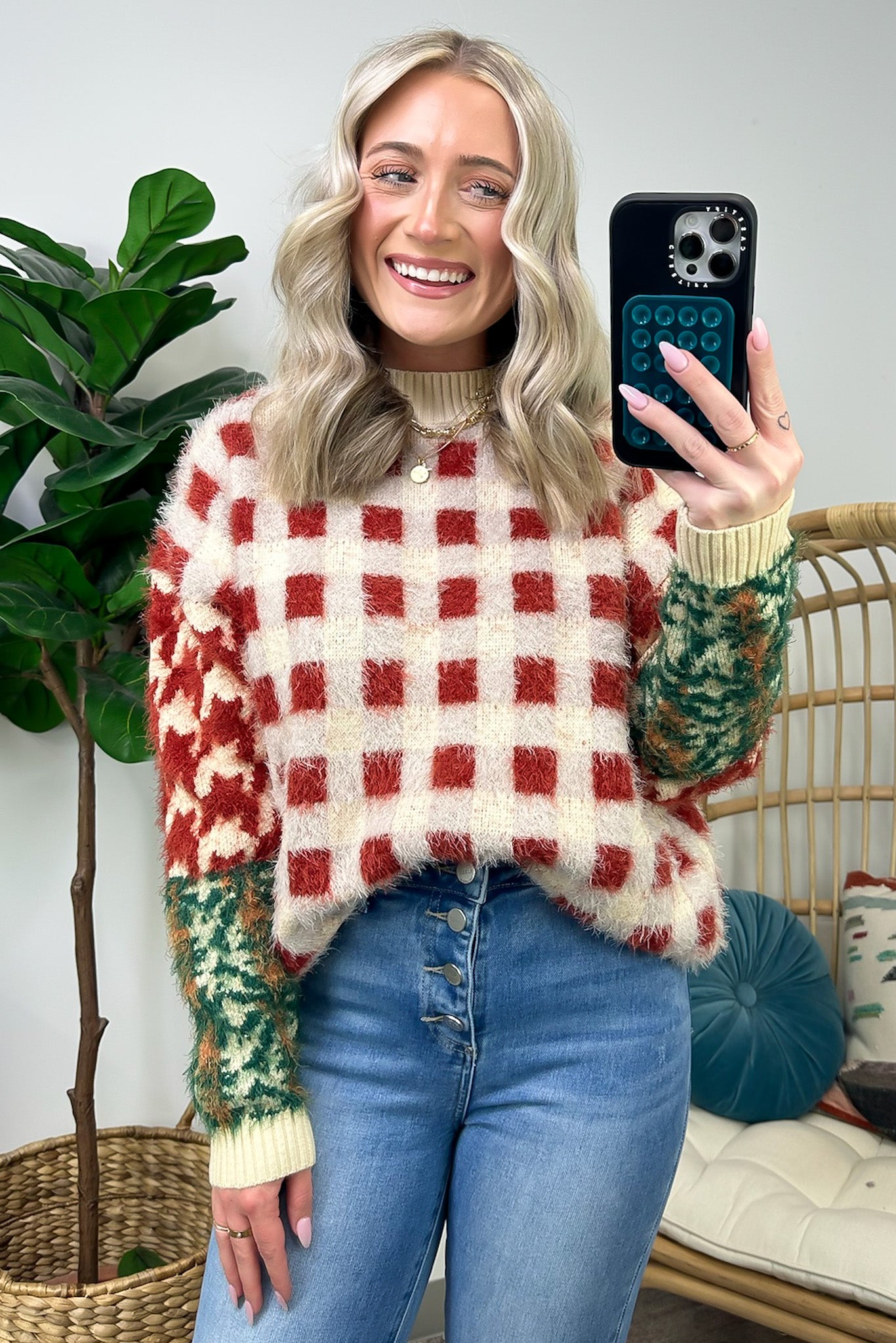 Plush Personality Fuzzy Knit Plaid Sweater