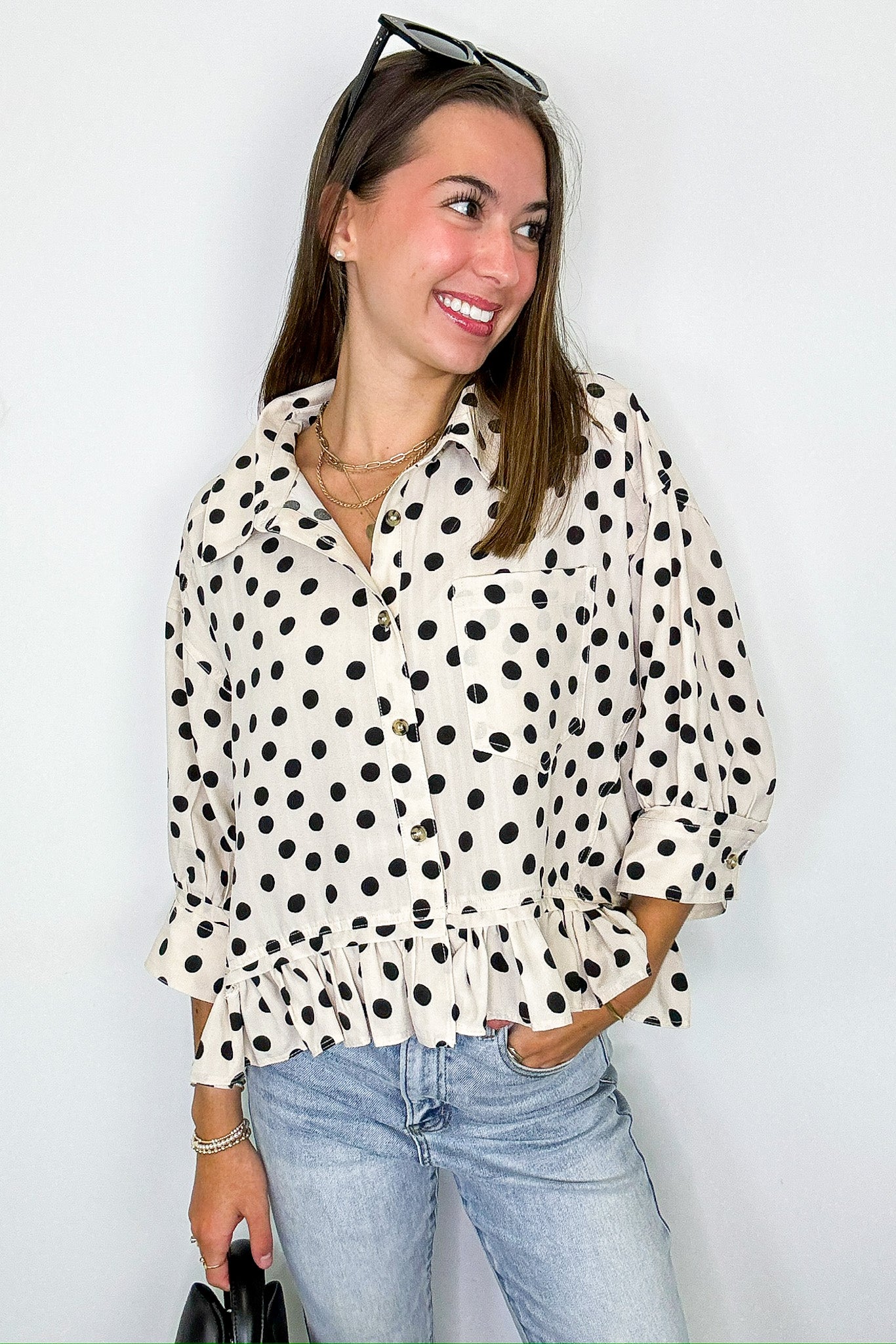 Poised in Polka Dots Printed Peplum Top - Madison and Mallory