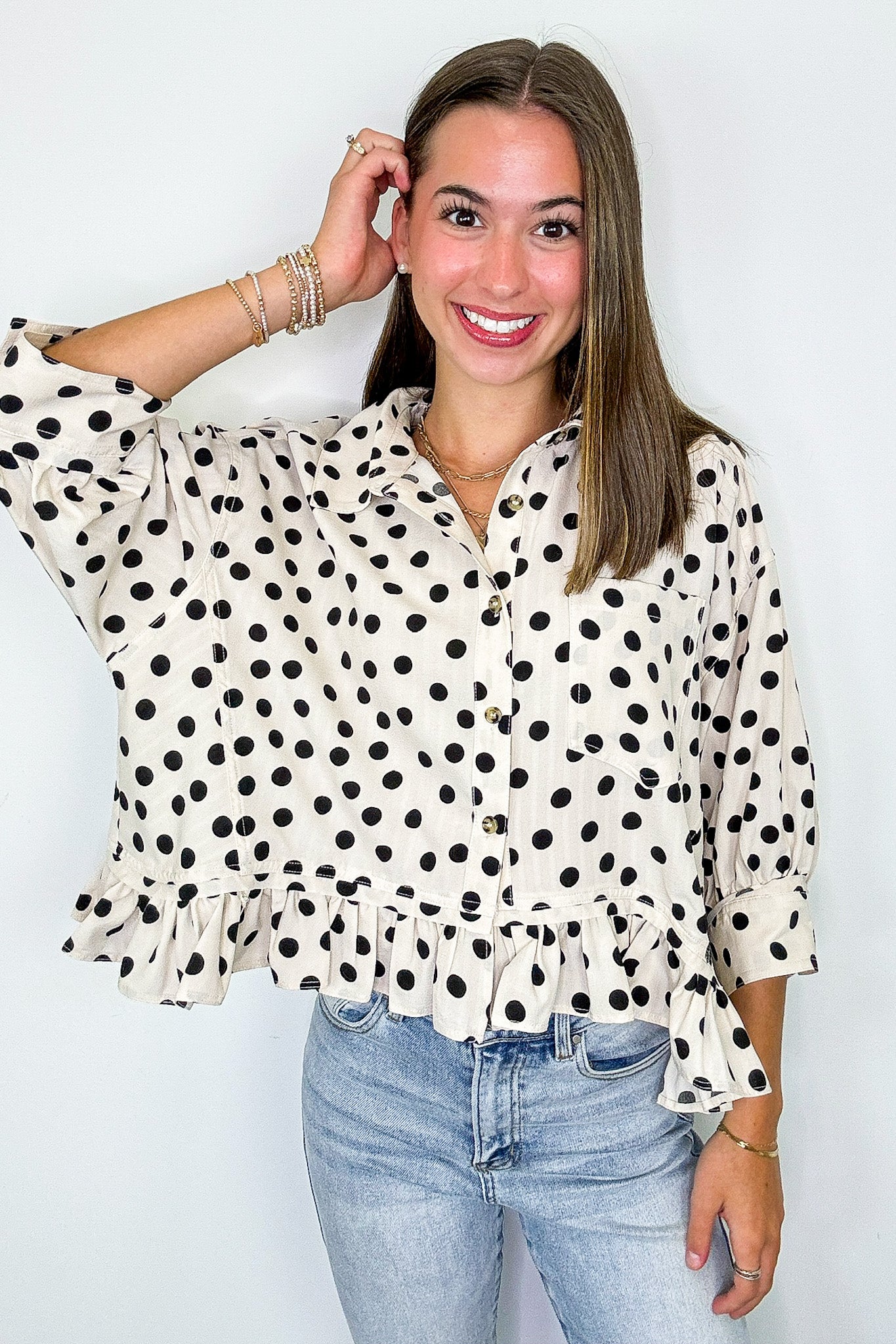 Poised in Polka Dots Printed Peplum Top - Madison and Mallory