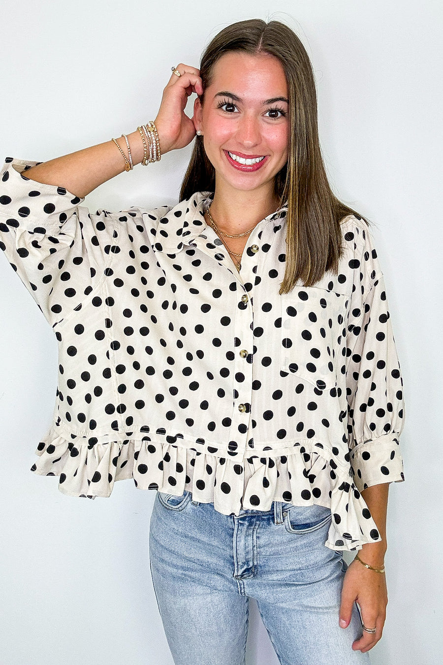 Poised in Polka Dots Printed Peplum Top - Madison and Mallory