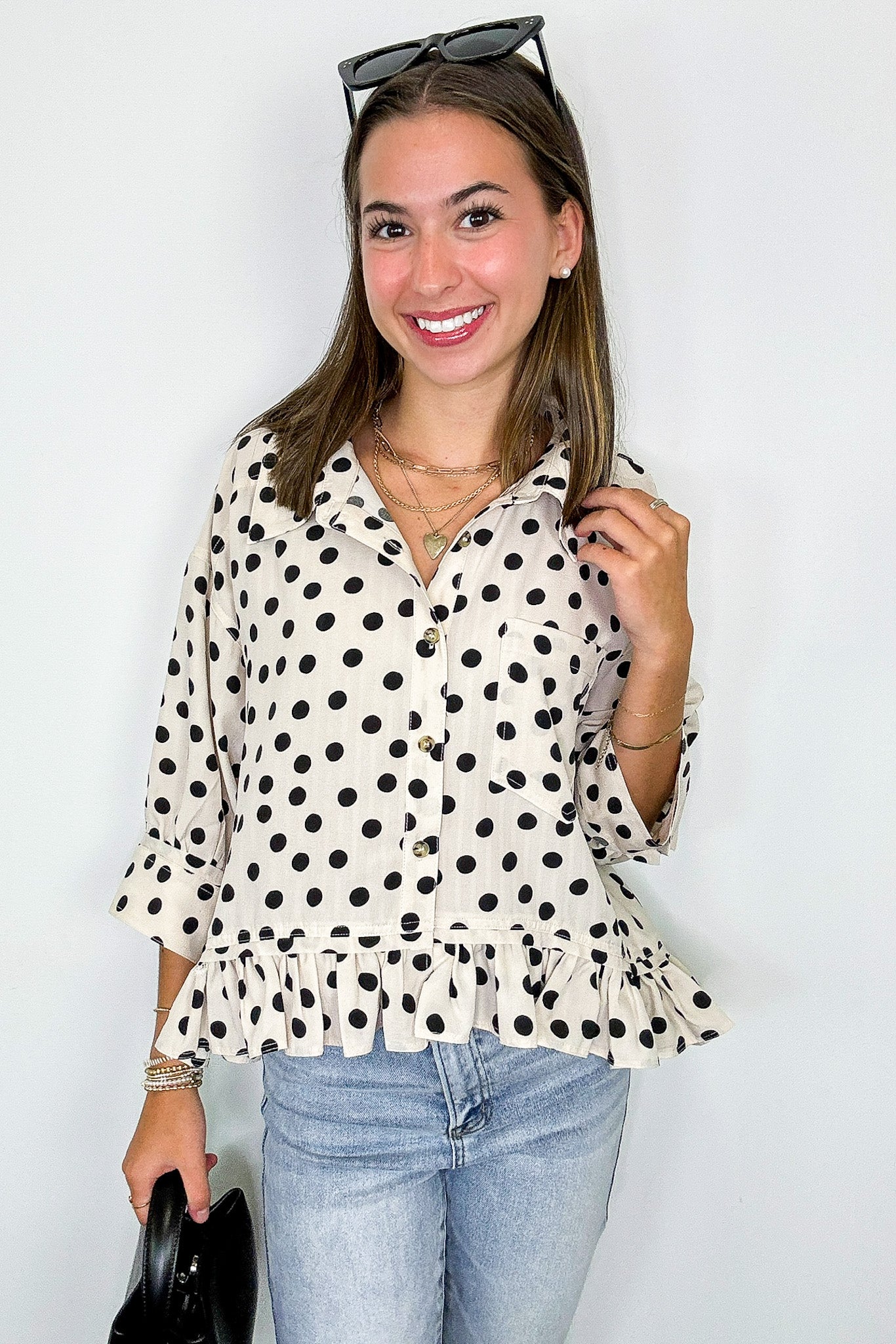Poised in Polka Dots Printed Peplum Top - Madison and Mallory