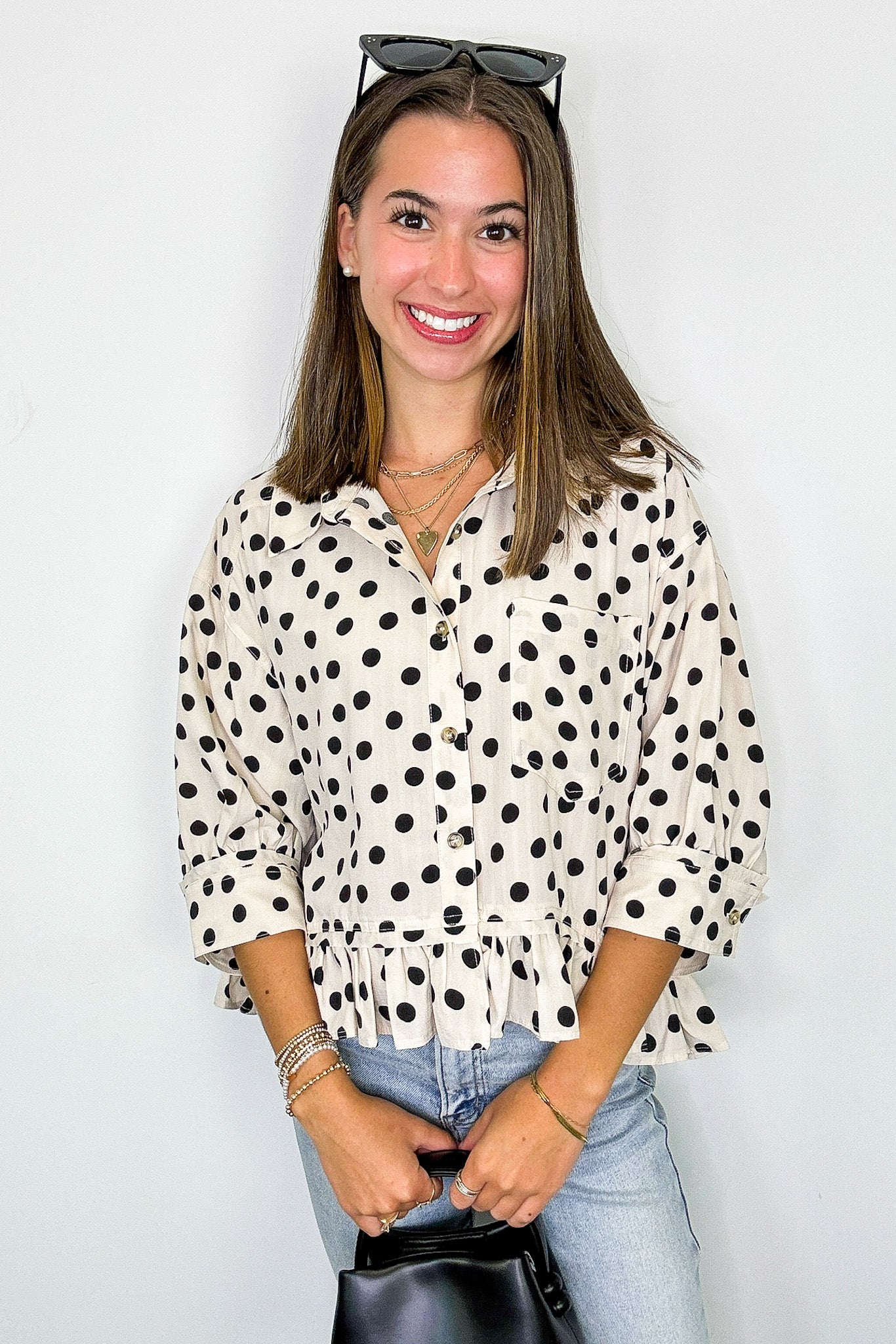 Poised in Polka Dots Printed Peplum Top - Madison and Mallory