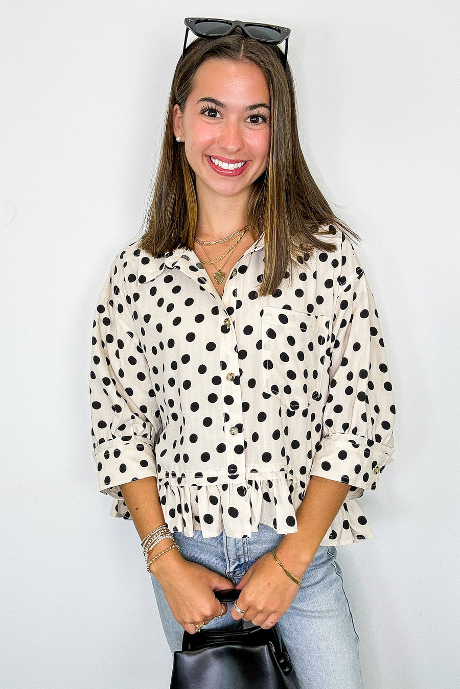 Poised in Polka Dots Printed Peplum Top - Madison and Mallory