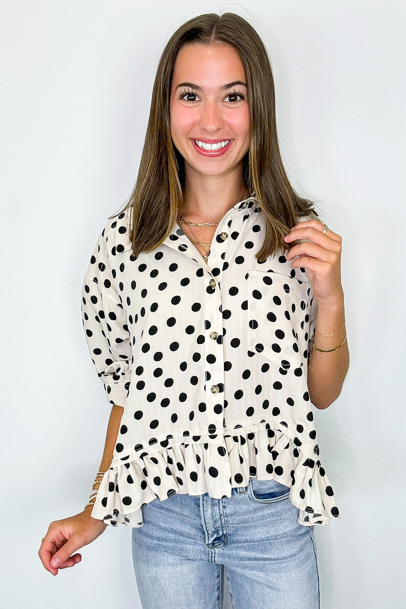 S / Off White/Black Poised in Polka Dots Printed Peplum Top - Madison and Mallory