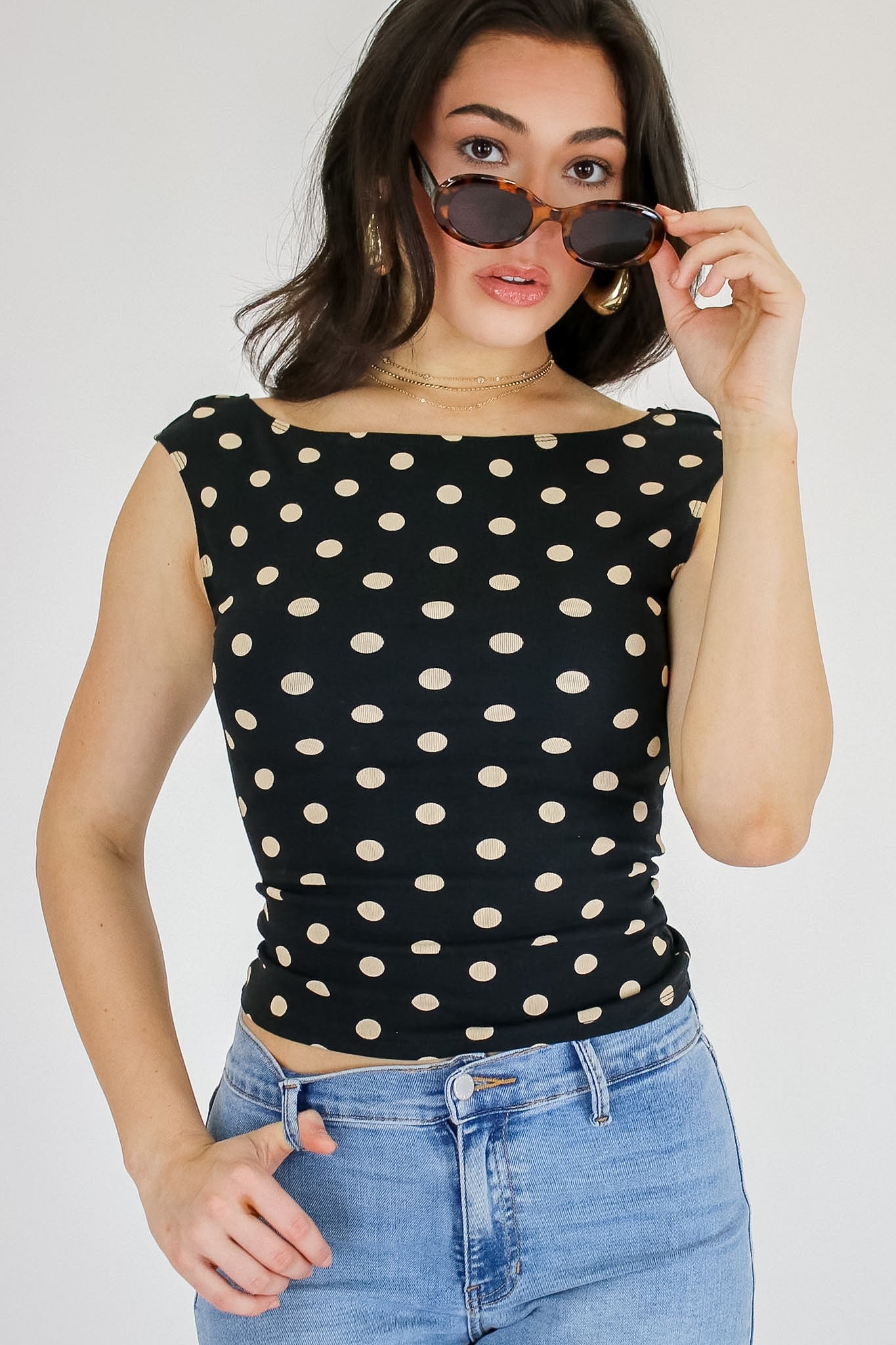 Polished Polka Dot Boat Neck Seamless Top