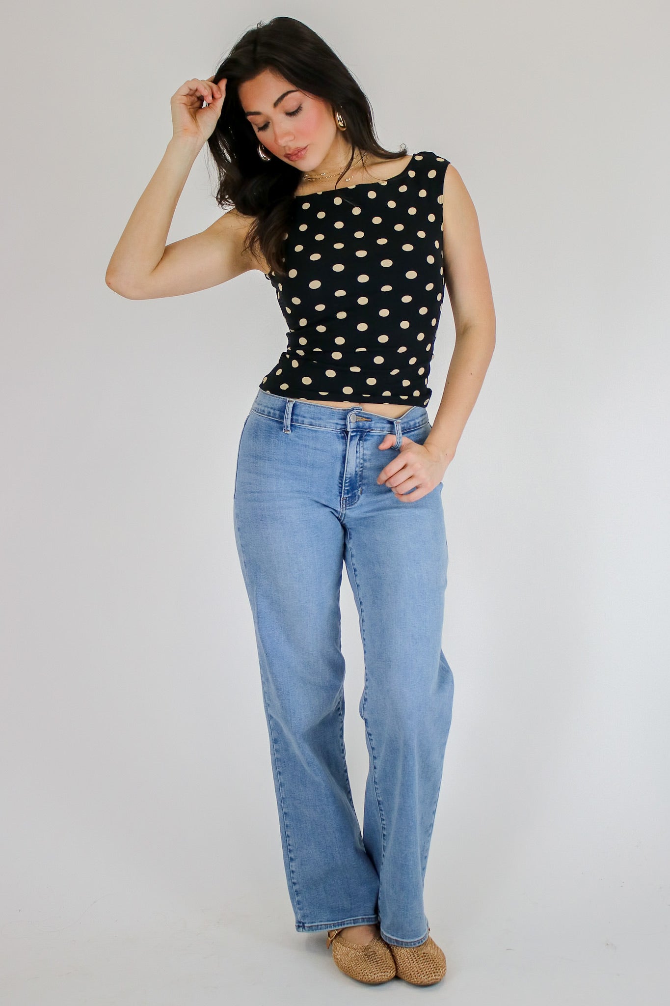 Polished Polka Dot Boat Neck Seamless Top